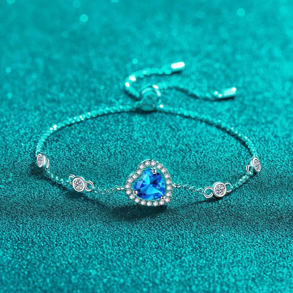 LUMIOR armband met hartvormige blauwe moissaniet, 1 karaat, 925 sterling zilver, verstelbare ketting