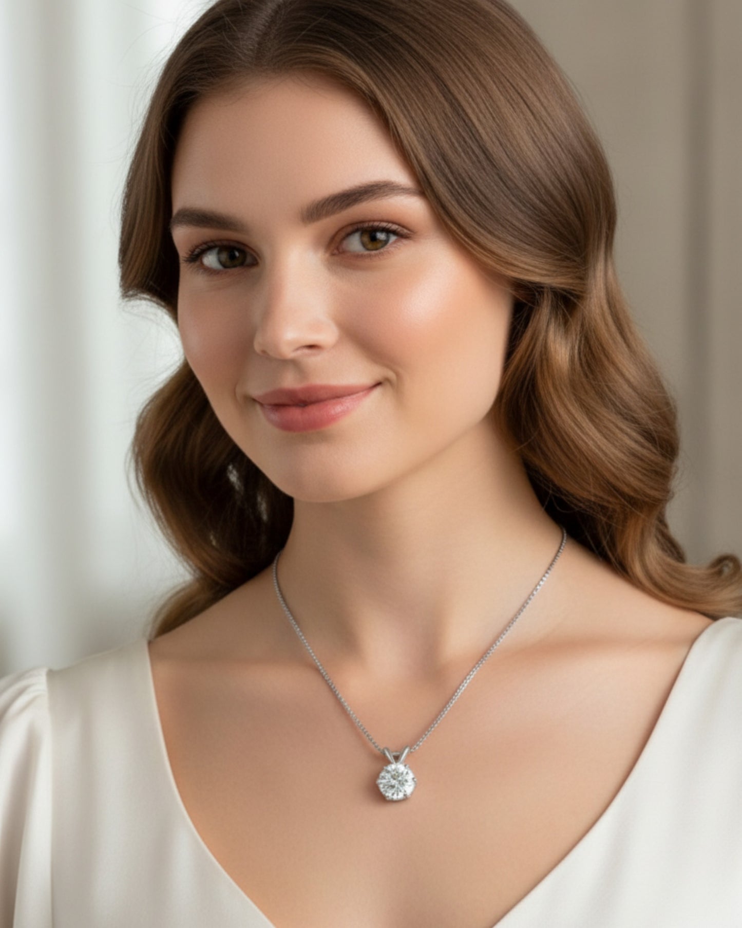 Model draagt LUMIOR minimalistische 1 karaat moissaniet hanger ketting van 925 sterling zilver.
