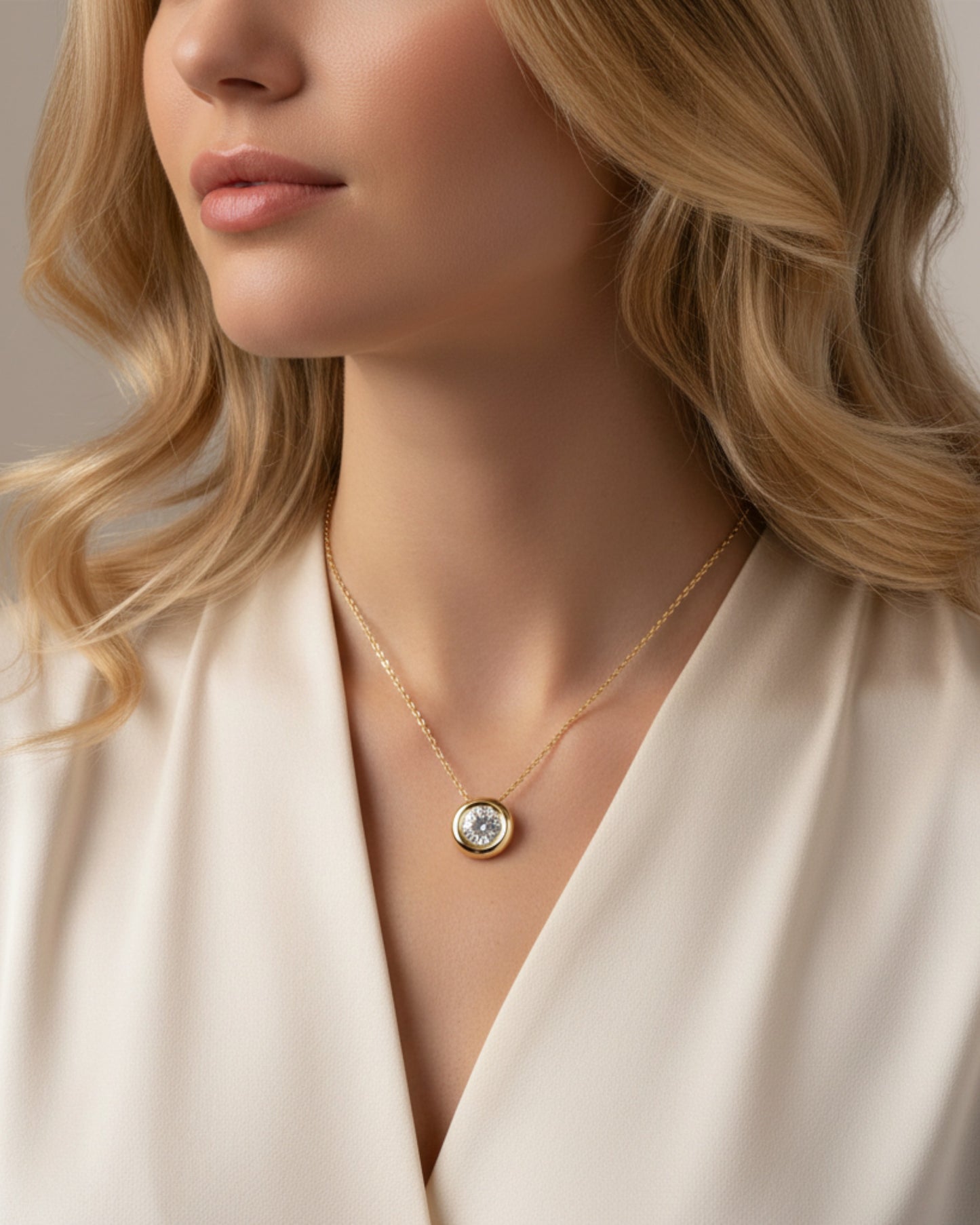 LUMIOR minimalist 1 karaat moissanite hanger ketting in 18k goud verguld sterling zilver gedragen door een model.