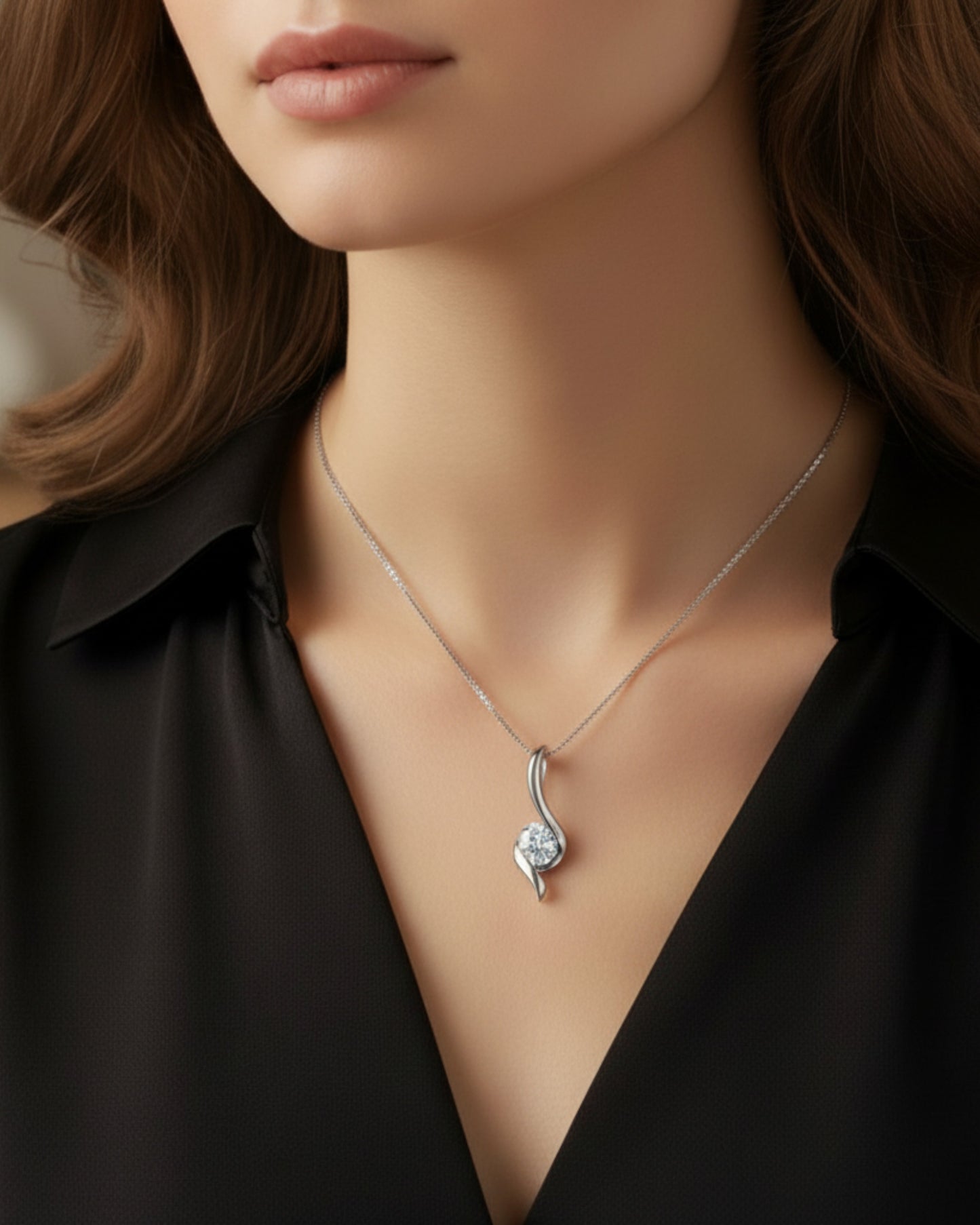 LUMIOR minimalist 1 karaat moissanite hanger ketting van 925 sterling zilver gedragen door een model.
