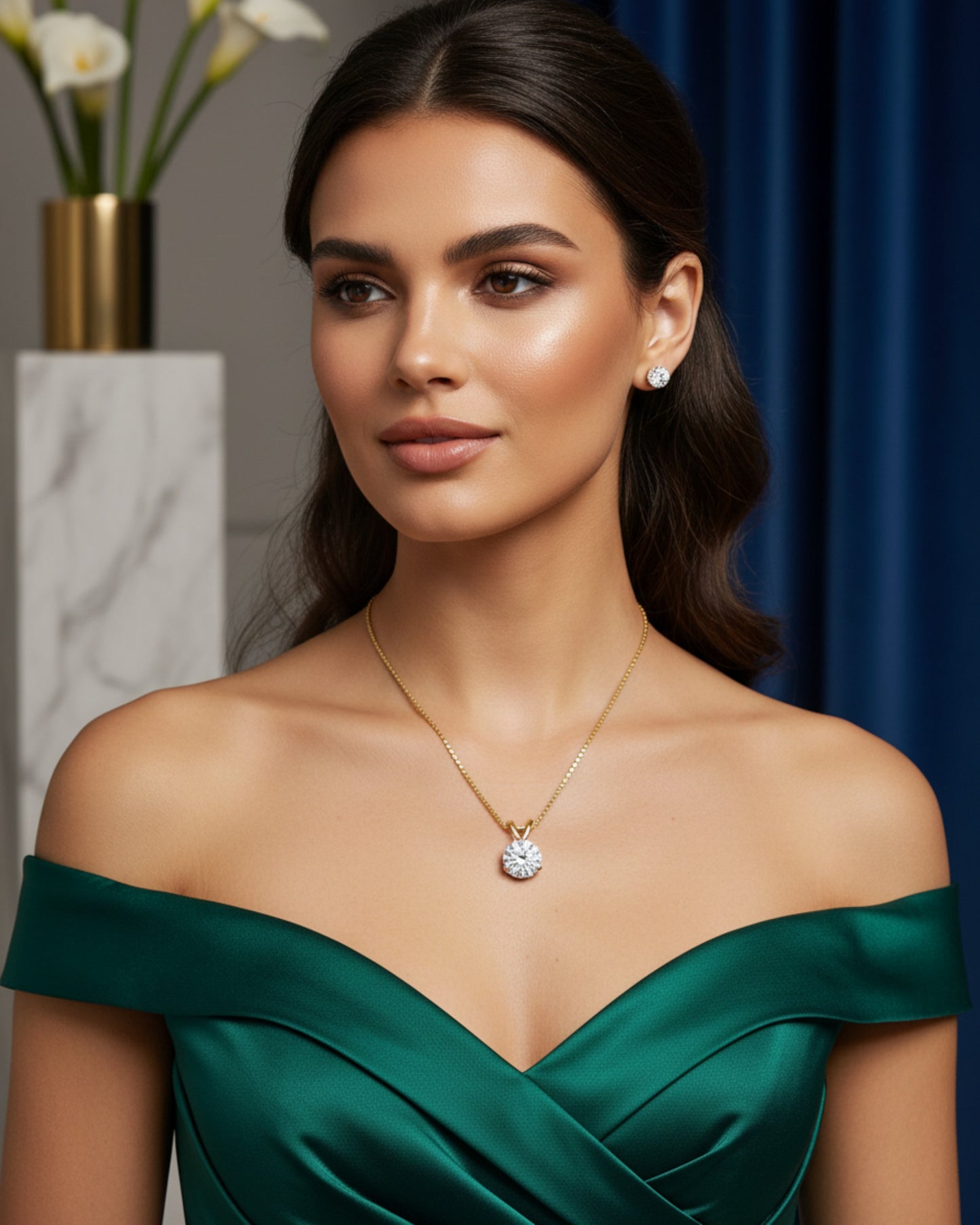 LUMIOR 1 karaat moissaniet hanger ketting van verguld zilver gedragen door een model in een groene satijnen jurk.