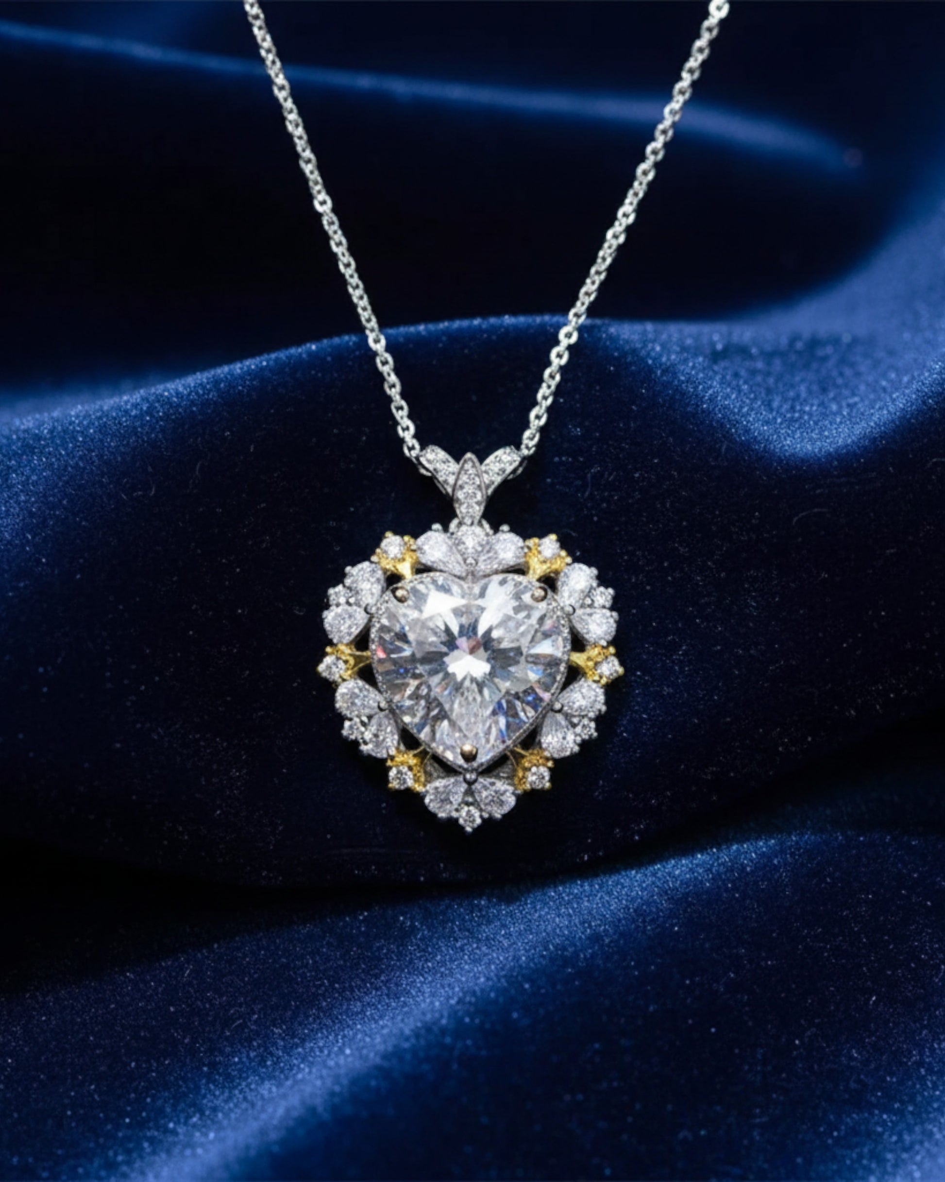 LUMIOR 5 karaat hartvormige moissanite ketting van 925 sterling zilver met platina plating op blauwe fluwelen stof.