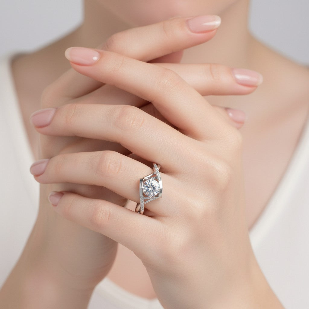 LUMIOR Anatolia Angel Kiss ring met 1 karaat moissaniet en 925 sterling zilver met rhodium afwerking.