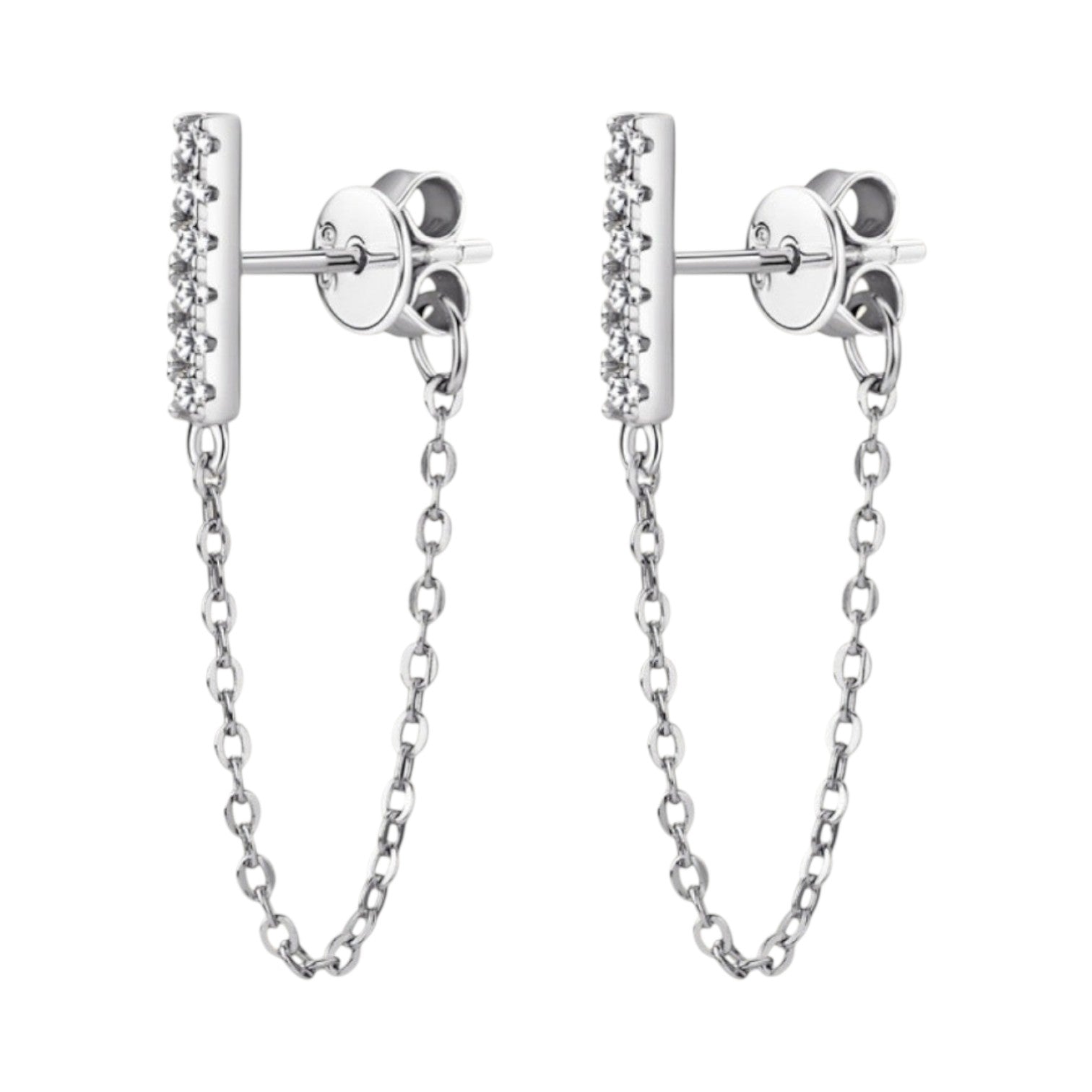 LUMIOR Aura Connected oorbellen met 0.14 karaat moissaniet, 925 sterling zilver met kettingdetail.