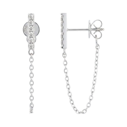 LUMIOR Aura Connected 0.14 karaat moissanite oorbellen in 925 sterling zilver met kettingdetail.