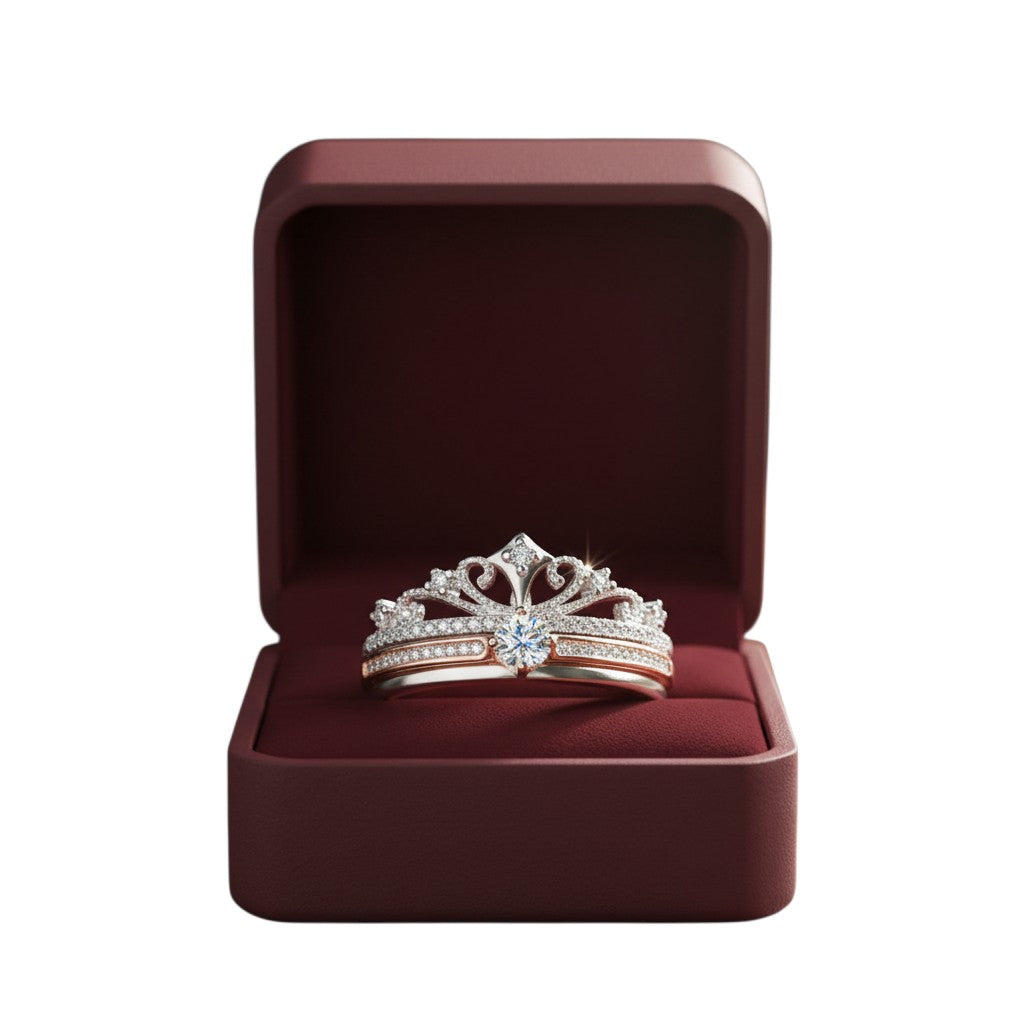 LUMIOR Aurelia™ Castle Crown ring met moissanite in tweekleurig roségoud en zilver. Met kroonvorm en zetting.