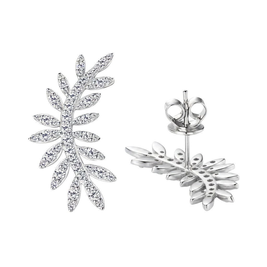 LUMIOR Botanical Aura oorbellen met 0.92 karaat VVS1 moissaniet in bladvorm, gemaakt van 925 sterling zilver met platina plating.
