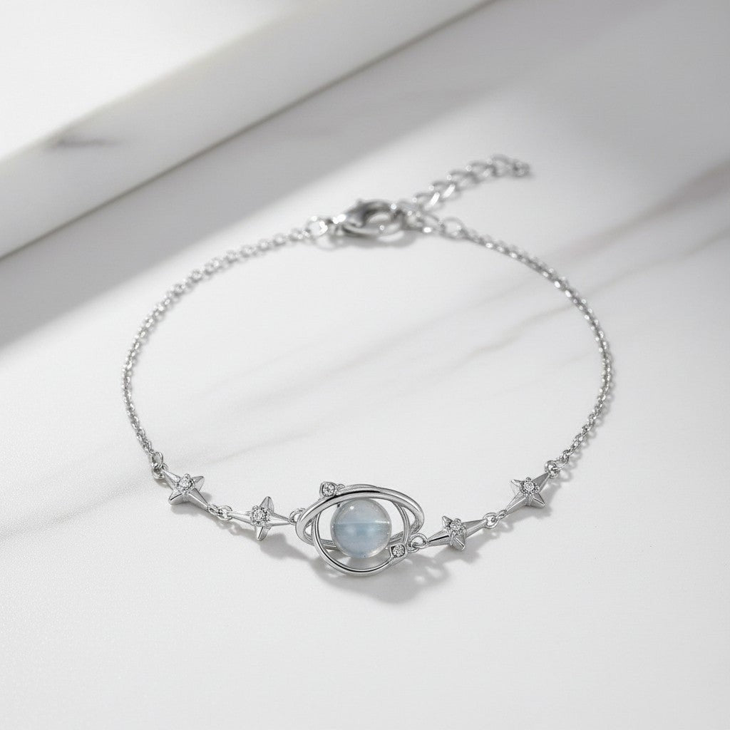 LUMIOR Sterling zilveren armband met planeetmotief en sterren, 5.9" lengte, platina plating