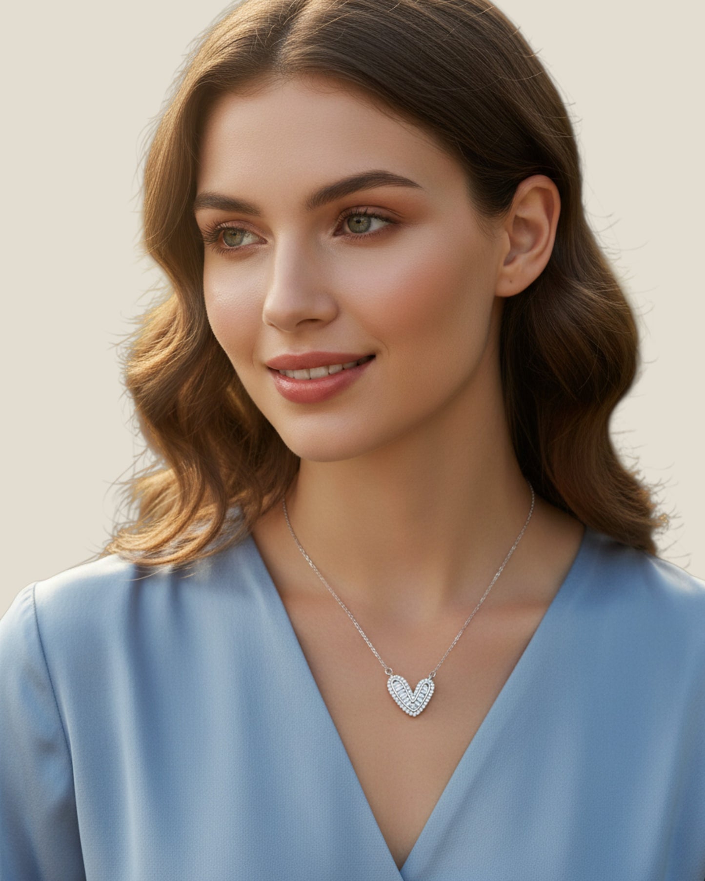 LUMIOR Eternal Heart ketting van 925 sterling zilver met zirkonia gedragen door een vrouw in een blauwe top.