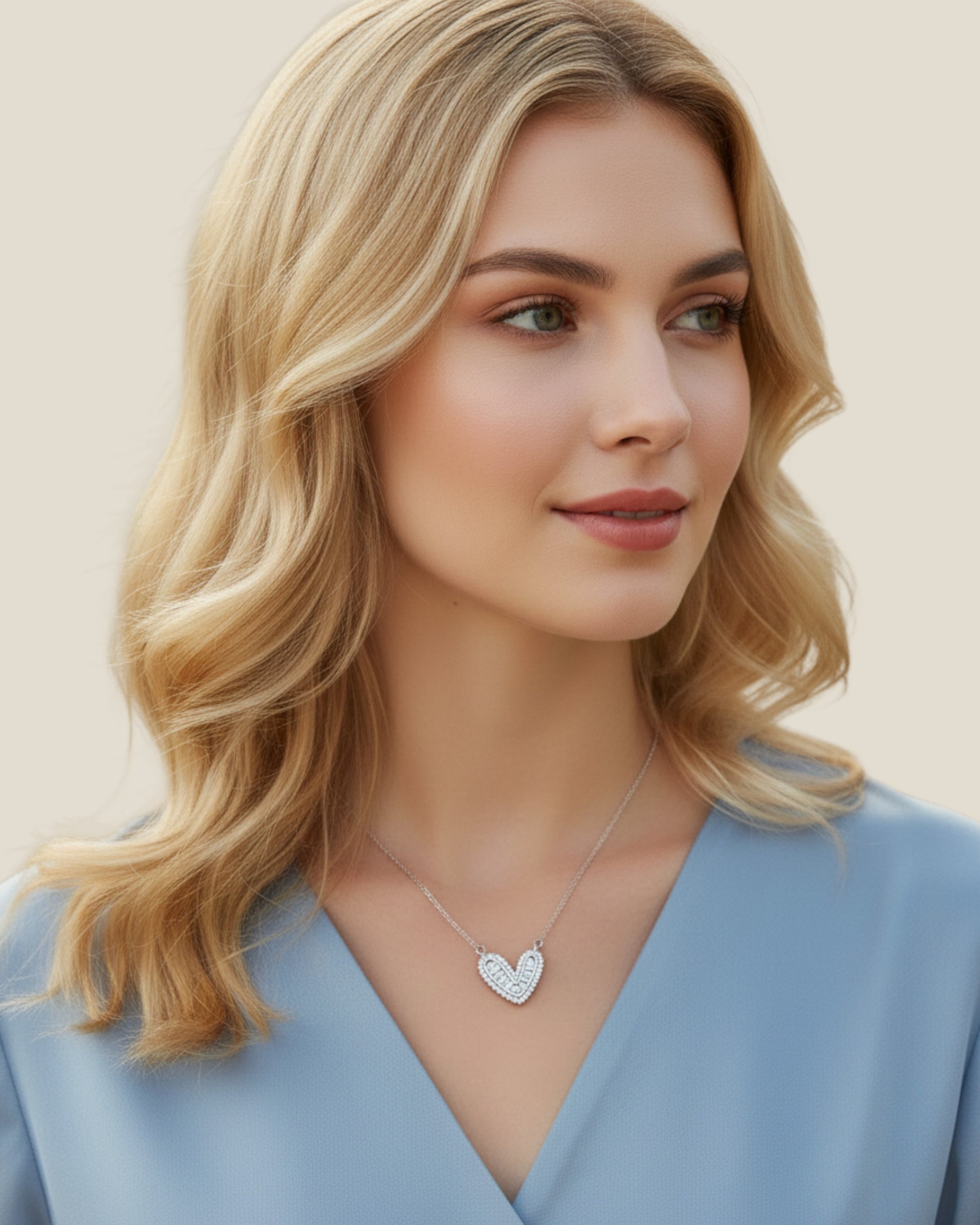 LUMIOR Eternal Heart ketting van 925 sterling zilver met zirkonia gedragen door een vrouw met blond haar.
