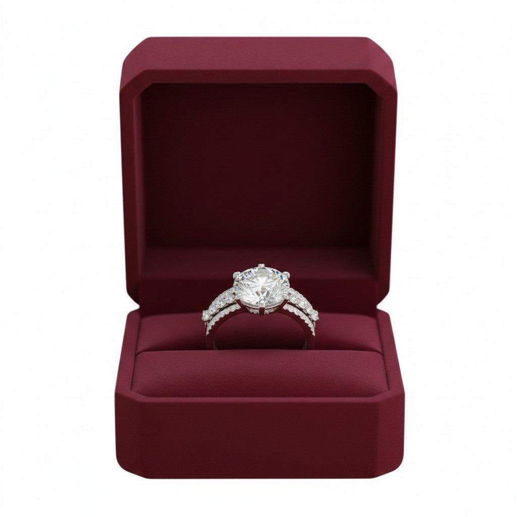 LUMIOR Eternia™ ring set met 5 karaat moissaniet in 925 sterling zilver, met zes-prong zetting en gestapelde banden.
