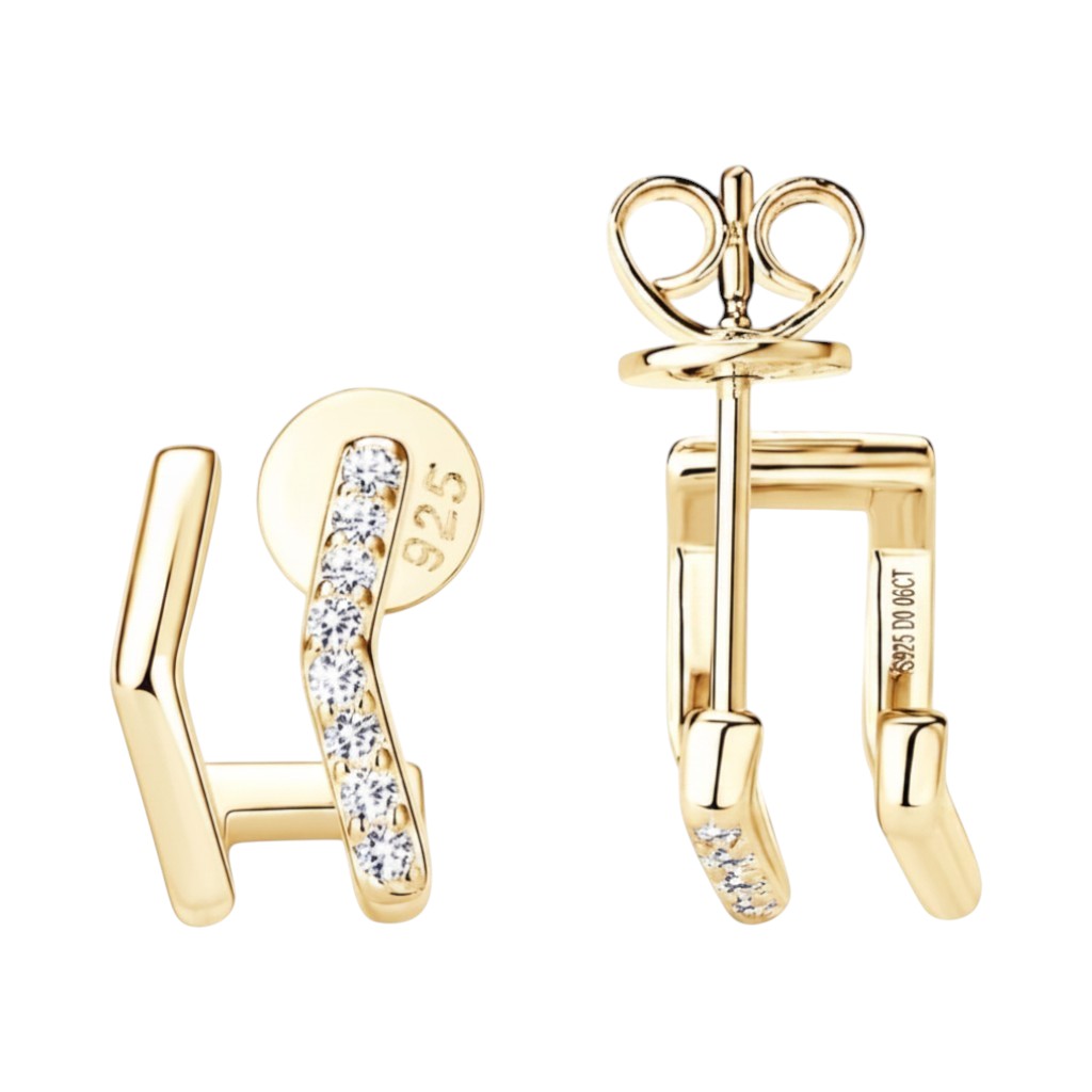 LUMIOR gouden oorbellen met dubbele laag, bezet met moissaniet, 925 sterling zilver, 1.2 cm