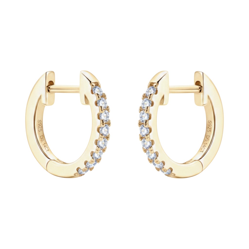 LUMIOR minimalist gouden huggie oorbellen met moissaniet steentjes, 925 sterling zilver, 1.4 cm