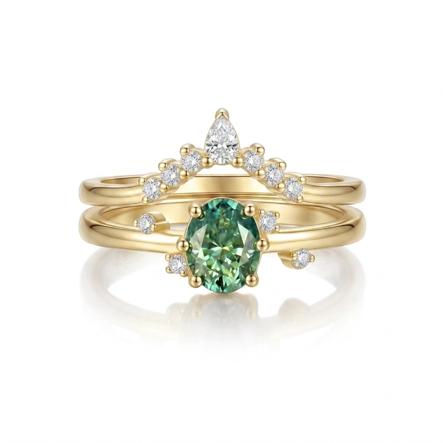 LUMIOR Amara™ 18K gouden ringenset met groene ovalen moissaniet en diamanten, 1 karaat.