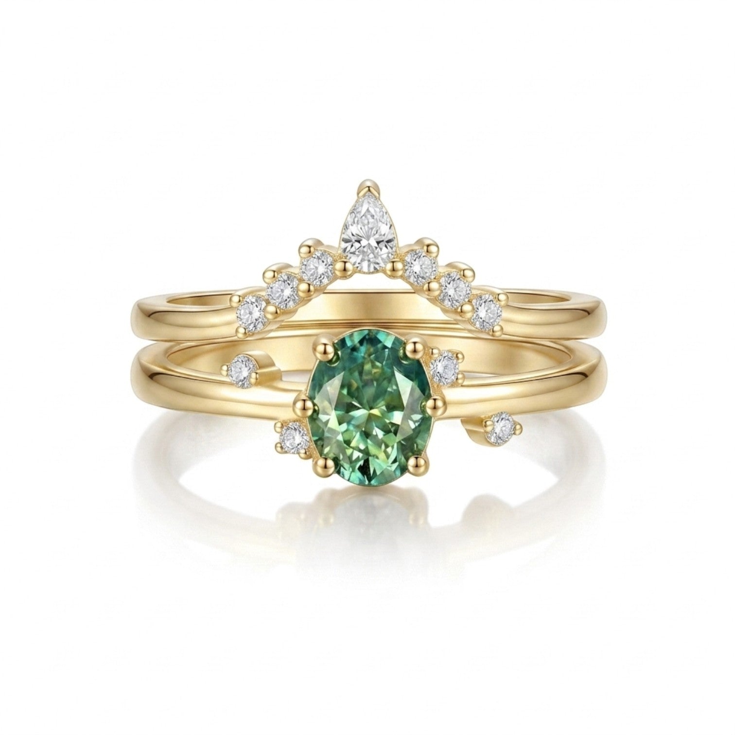 LUMIOR Amara™ 18K gouden ringenset met groene ovalen moissaniet en diamanten, 1 karaat.