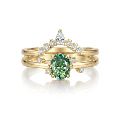 LUMIOR Amara™ 18K gouden ringenset met groene ovalen moissaniet en diamanten, 1 karaat.