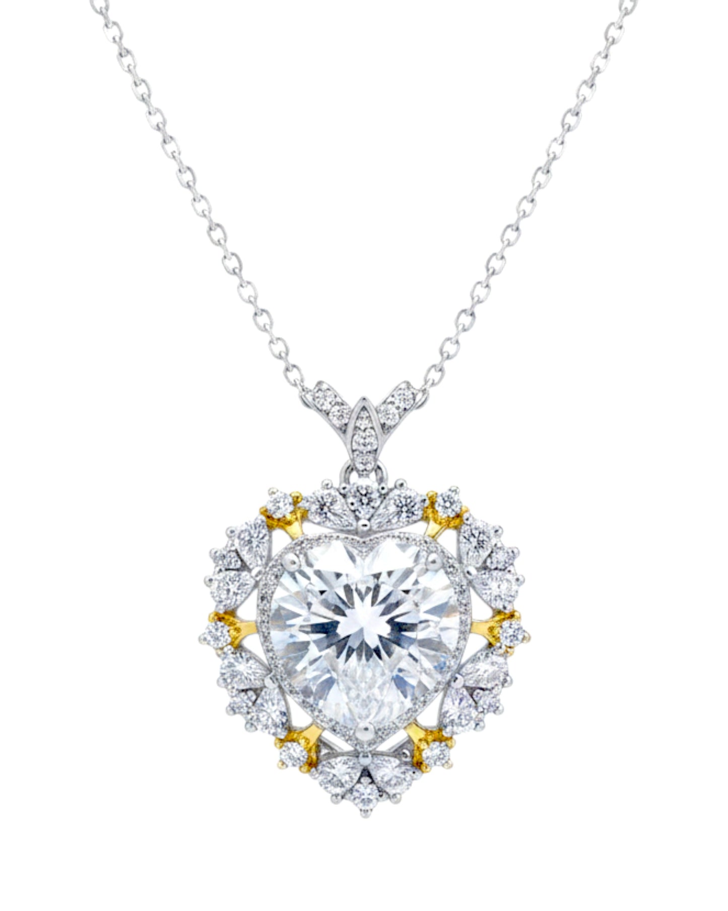 LUMIOR 5 karaat hartvormige moissaniet ketting van 925 sterling zilver met platina plating en gouden accenten.