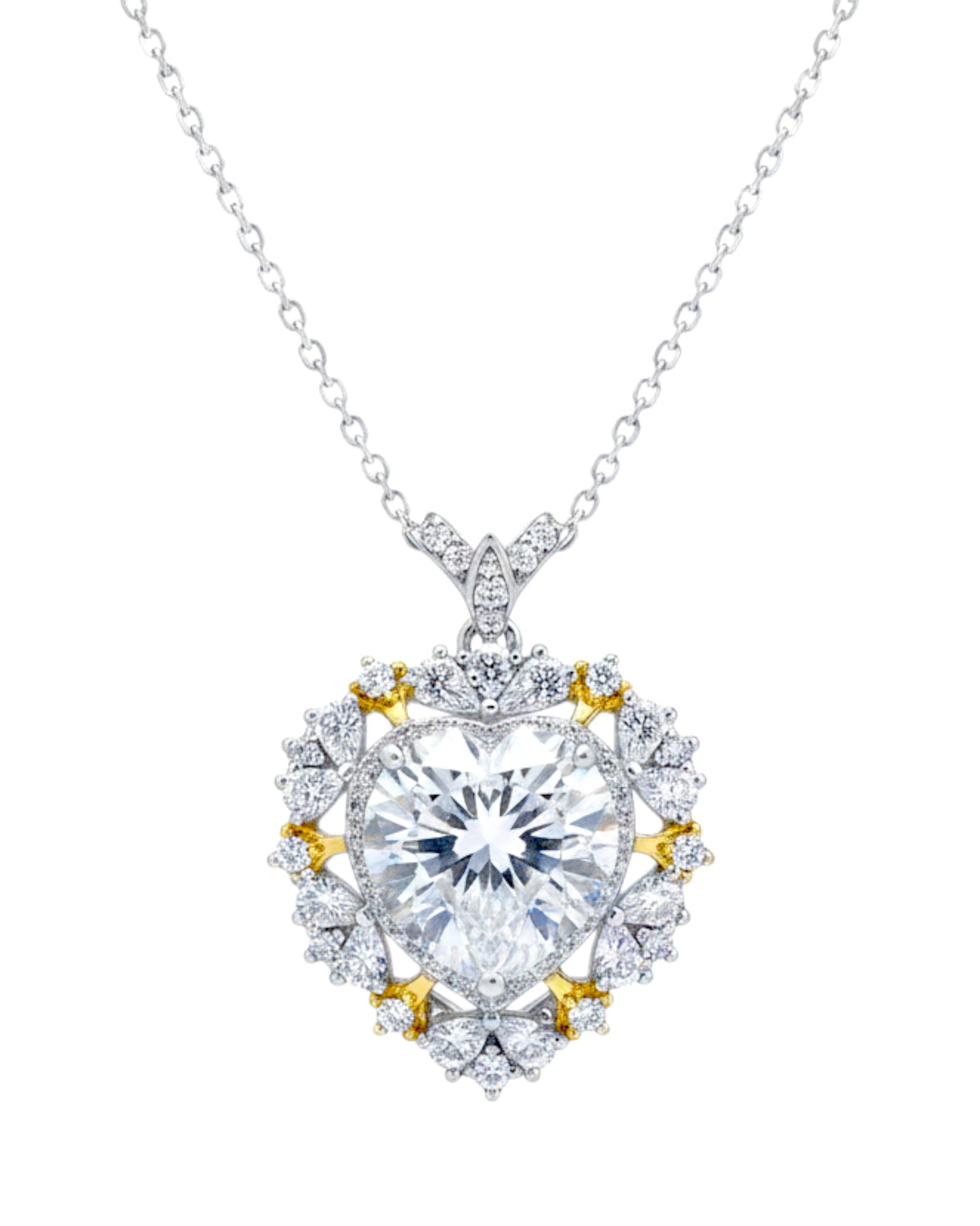 LUMIOR 5 karaat hartvormige moissaniet ketting van 925 sterling zilver met platina plating en gouden accenten.