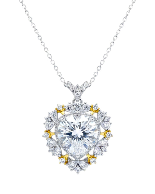 LUMIOR 5 karaat hartvormige moissaniet ketting van 925 sterling zilver met platina plating en gouden accenten.
