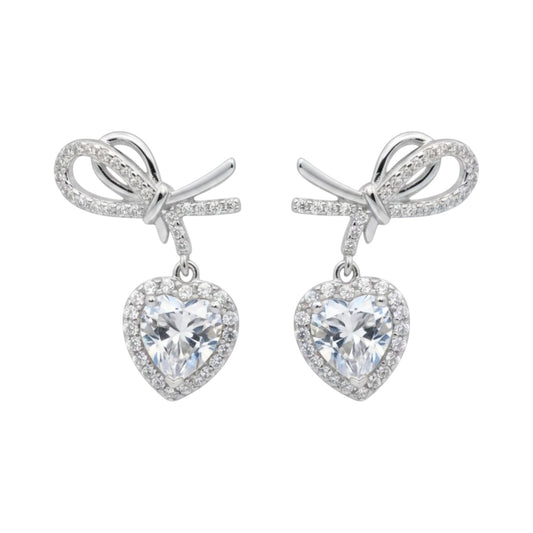 LUMIOR Amour Solitaire 2 karaat hart oorbellen met strik en moissaniet, 925 sterling zilver met platina plating.