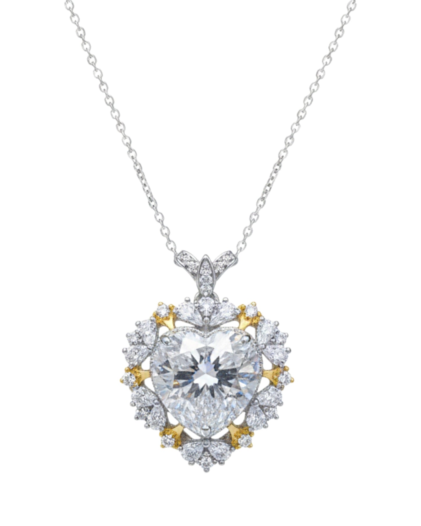 LUMIOR 5 karaat hartvormige moissaniet ketting van 925 sterling zilver met platina plating en gouden accenten.