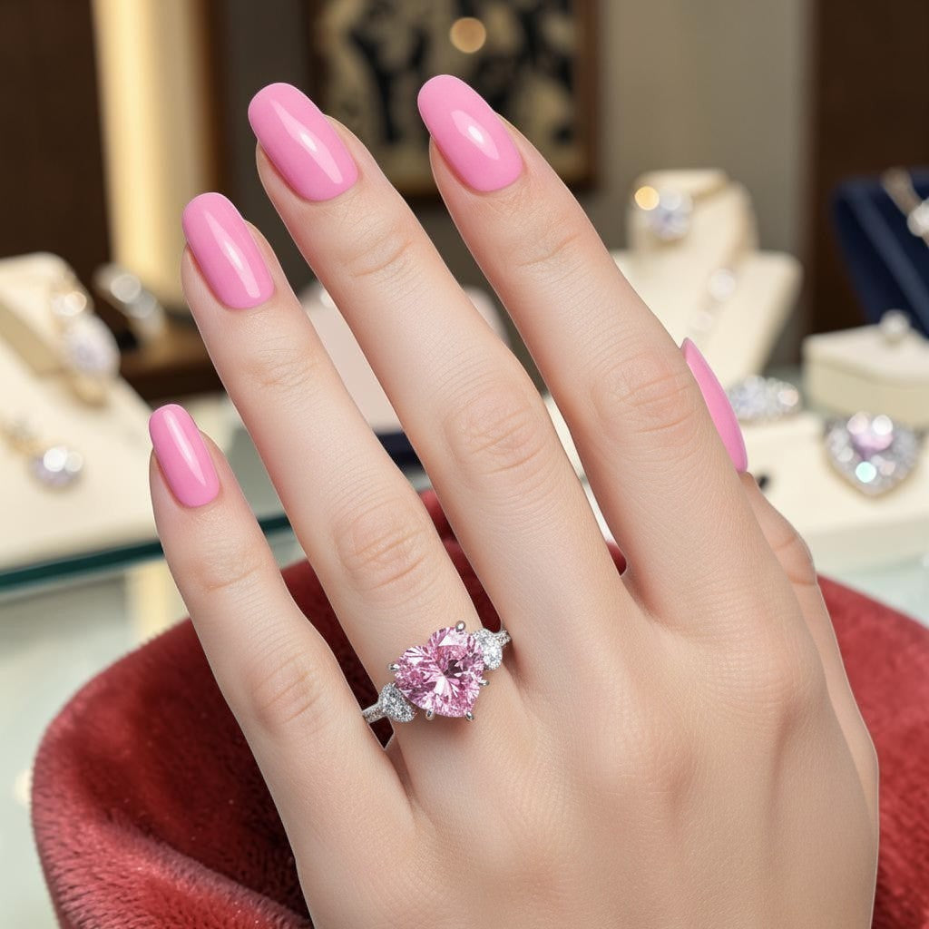 LUMIOR Amandine™ ring met een 6 karaat hartvormige roze moissaniet steen, gezet in 925 sterling zilver met pavé-gezet halo en band.