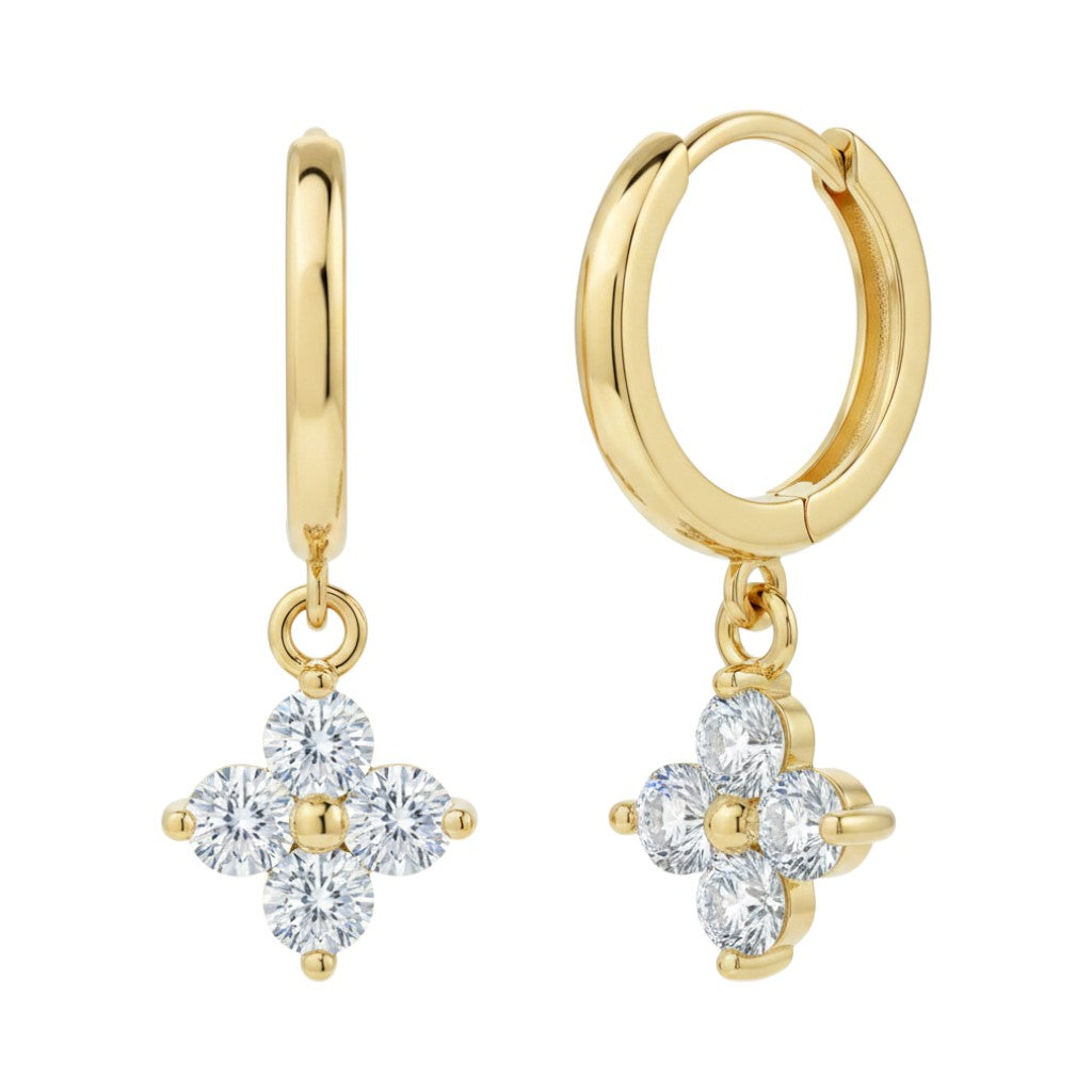 LUMIOR Imperial Hoop oorbellen met 0.80 karaat moissaniet in 18K verguld sterling zilver. Bloemvormige hanger.