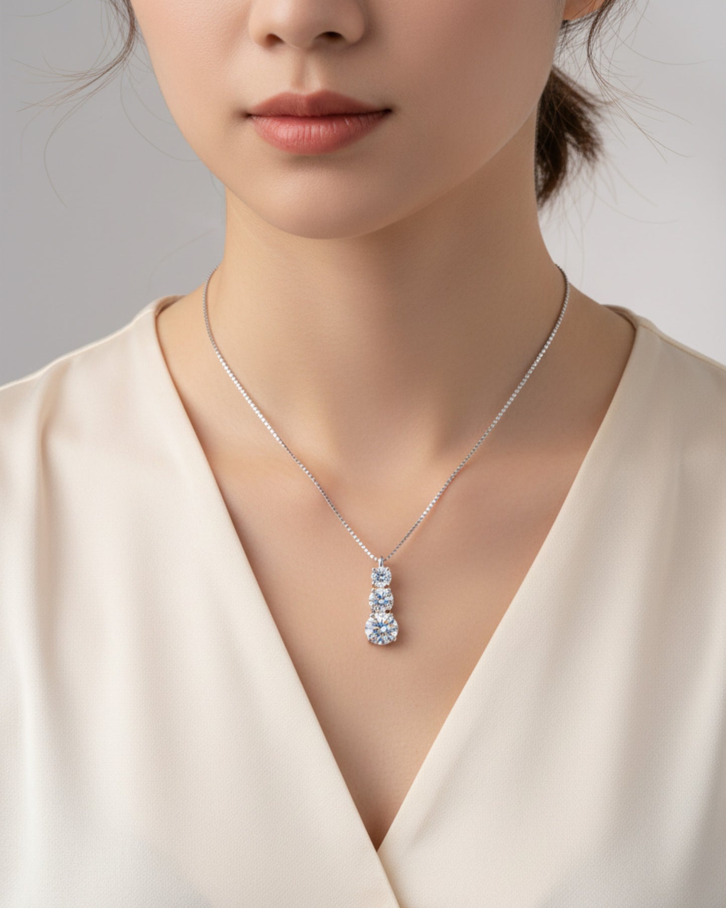 LUMIOR Imperial ketting met drie moissanite hangers van 1,8 karaat in 925 sterling zilver, gedragen door een model.