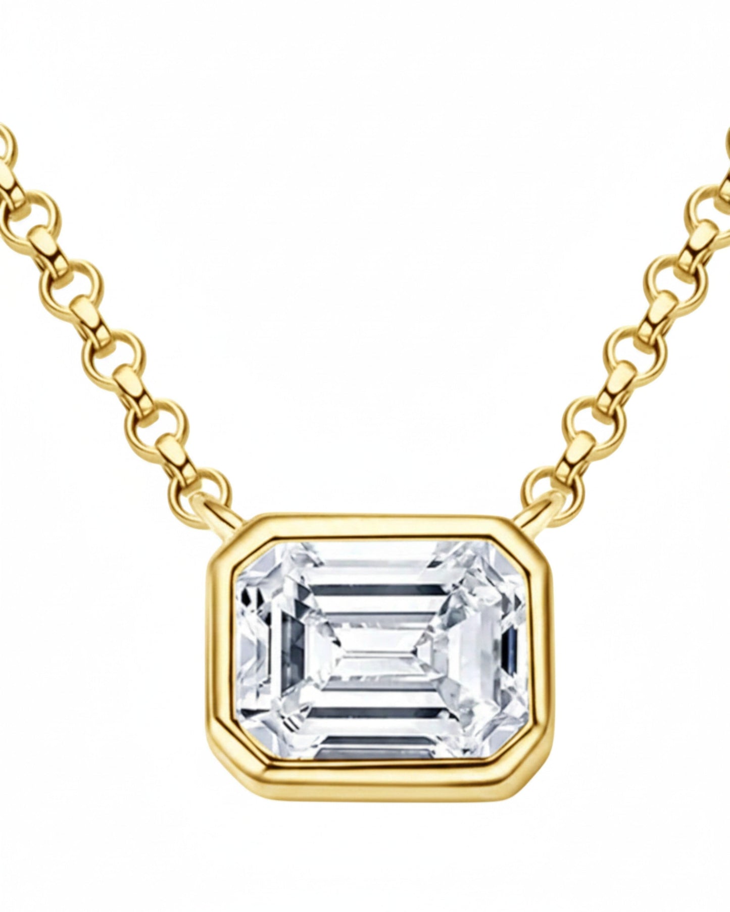 LUMIOR Imperial Solitaire ketting met 1 karaat moissanite in 18k goud verguld sterling zilver, smaragd geslepen.