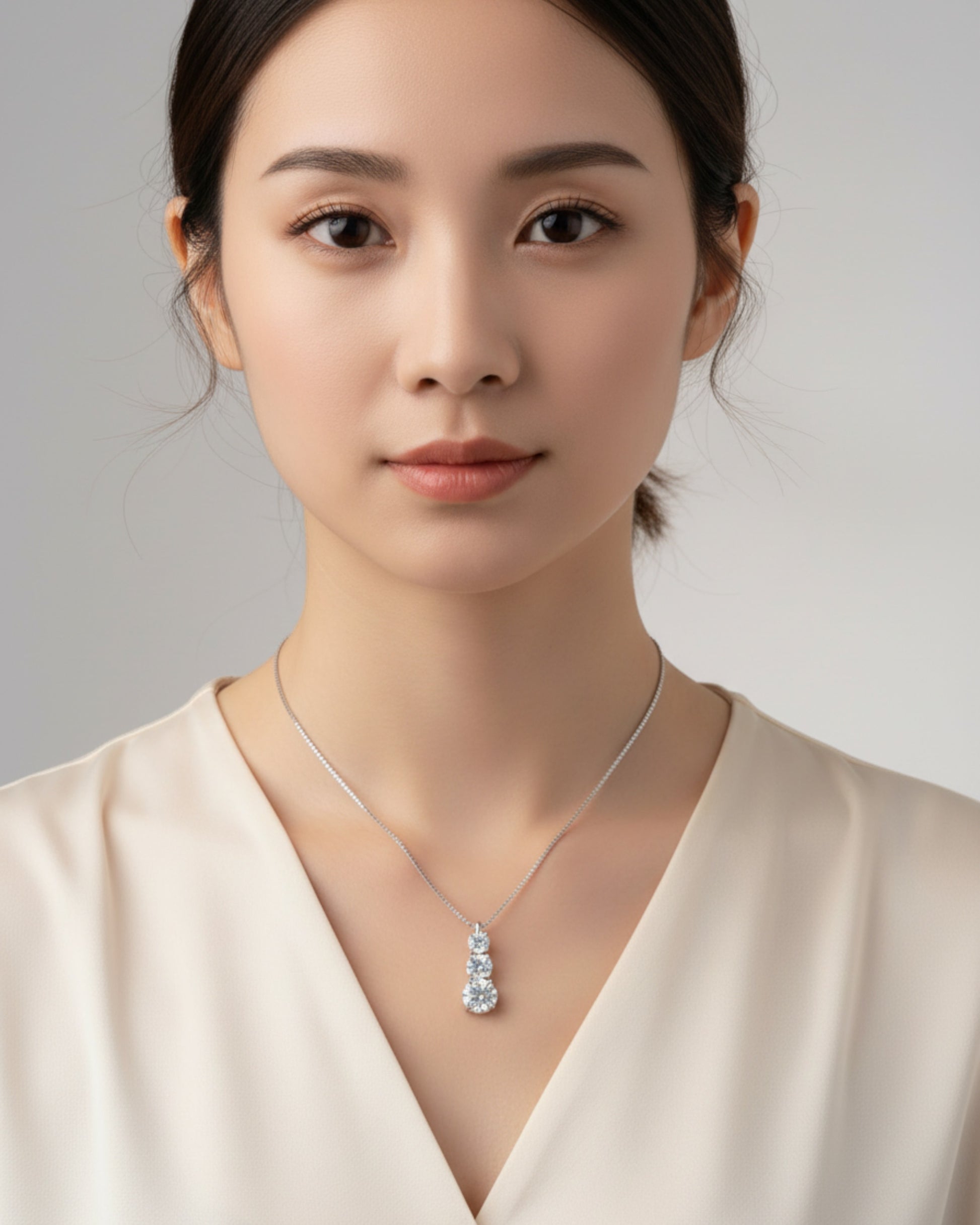 LUMIOR Imperial triple-pendant ketting van 925 sterling zilver met 1,8 karaat moissanite stenen om de hals.