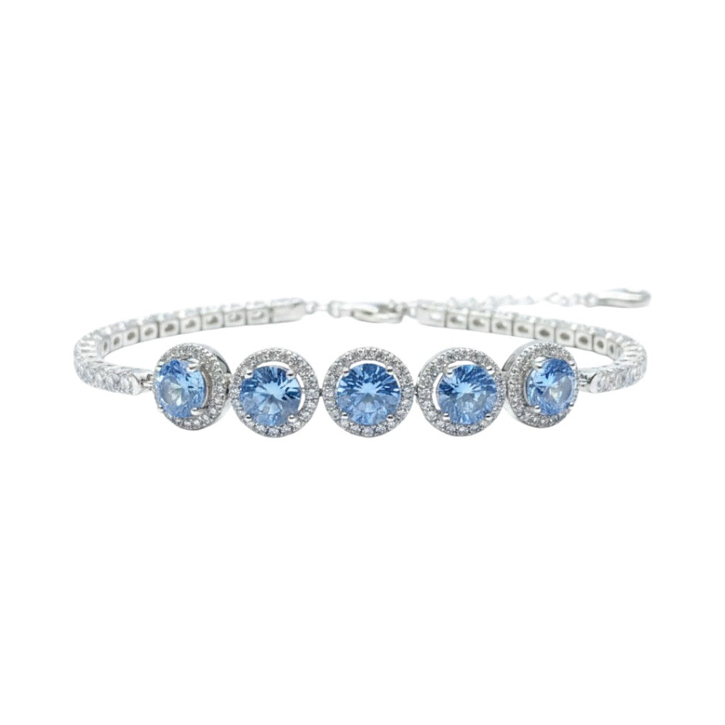 LUMIOR 5 karaat blauwe moissaniet armband van 925 sterling zilver met platina plating en een verstelbare ketting.