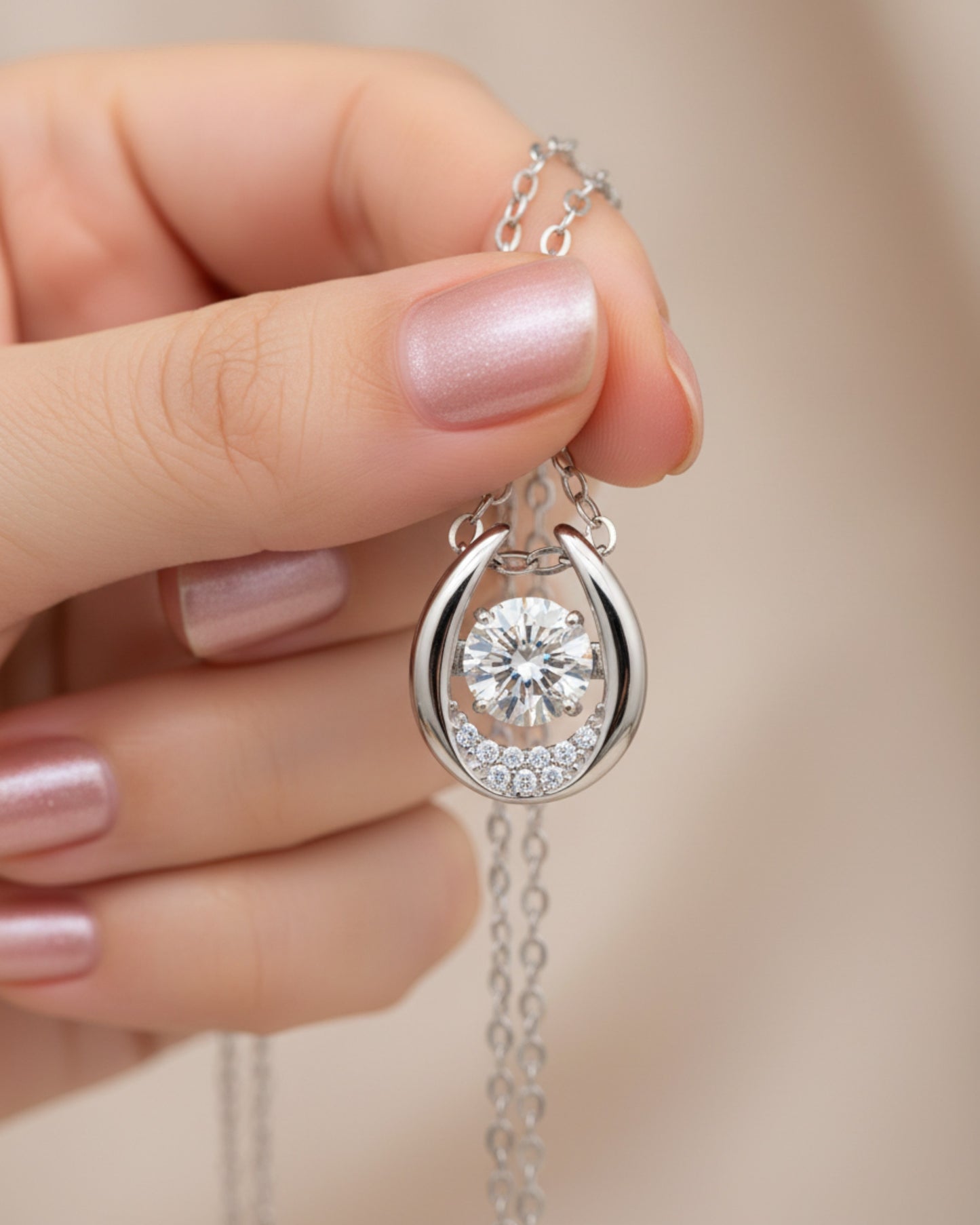 LUMIOR 0,5 karaat moissaniet hanger van sterling zilver met zirkonia accenten, vastgehouden in een hand.