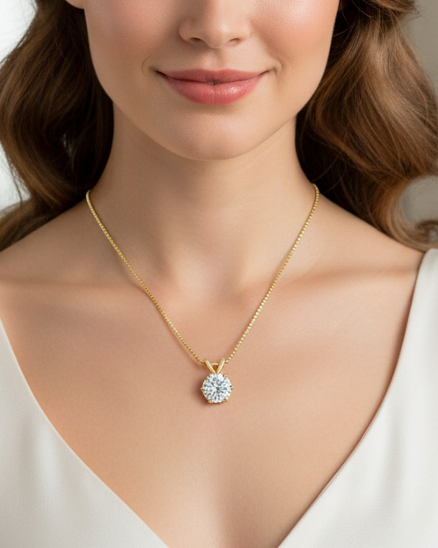 Vrouw draagt LUMIOR 1 karaat moissaniet hanger ketting in 18k goud verguld sterling zilver met minimalistisch design.