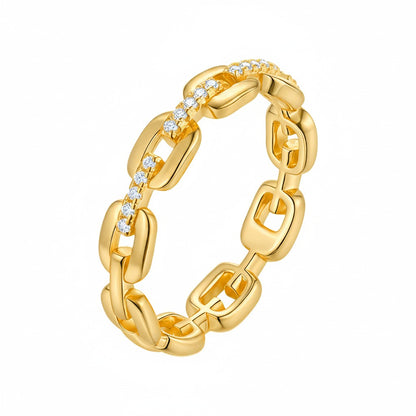 LUMIOR Omnia™ Unisex Eternity Moissanite Band in 925 Sterling Silver with 18K gold finish, set with brilliant moissanite stones.