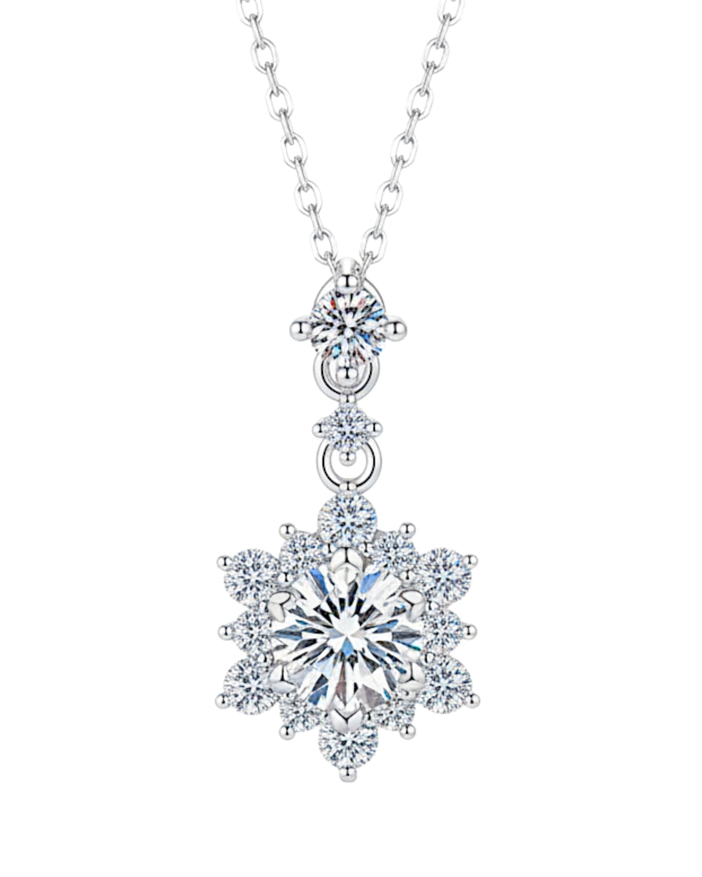 LUMIOR 1 karaat moissanite cluster ketting in sterling zilver met briljante zirkonia accenten, 40 cm ketting met 5 cm verlengstuk.