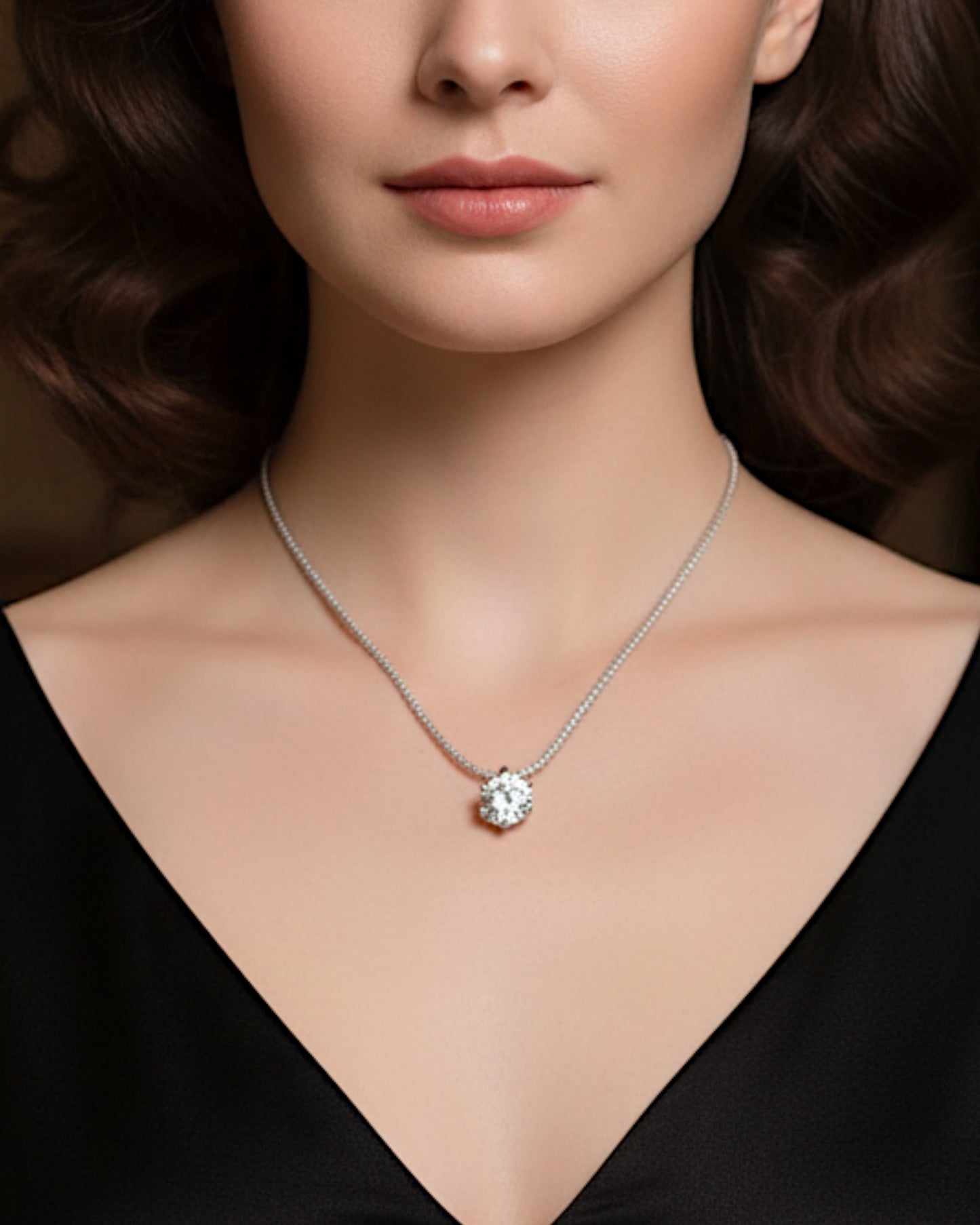 Vrouw draagt een LUMIOR 1 karaat moissanite halo hanger ketting van sterling zilver met platina plating.