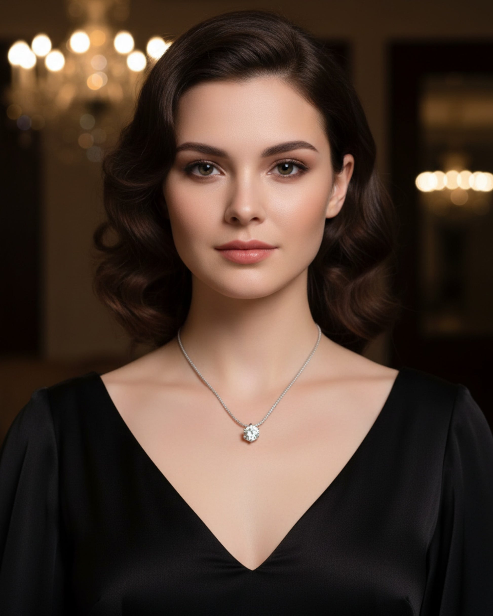 Vrouw draagt LUMIOR 1 karaat moissanite halo hanger ketting van sterling zilver met platina plating.