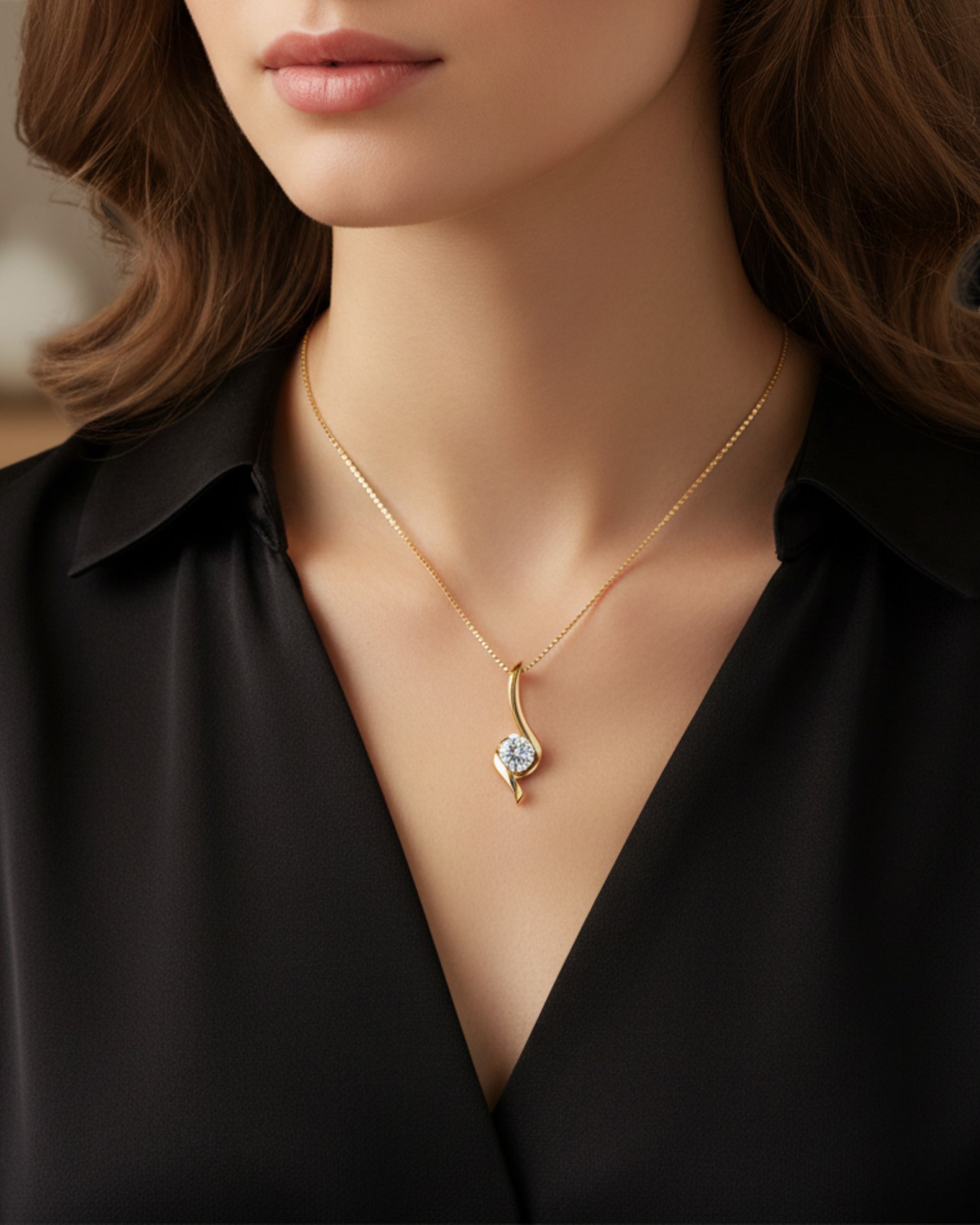 LUMIOR minimalist 1 karaat moissanite hanger met 18K goud vergulde zilveren ketting gedragen door een model.