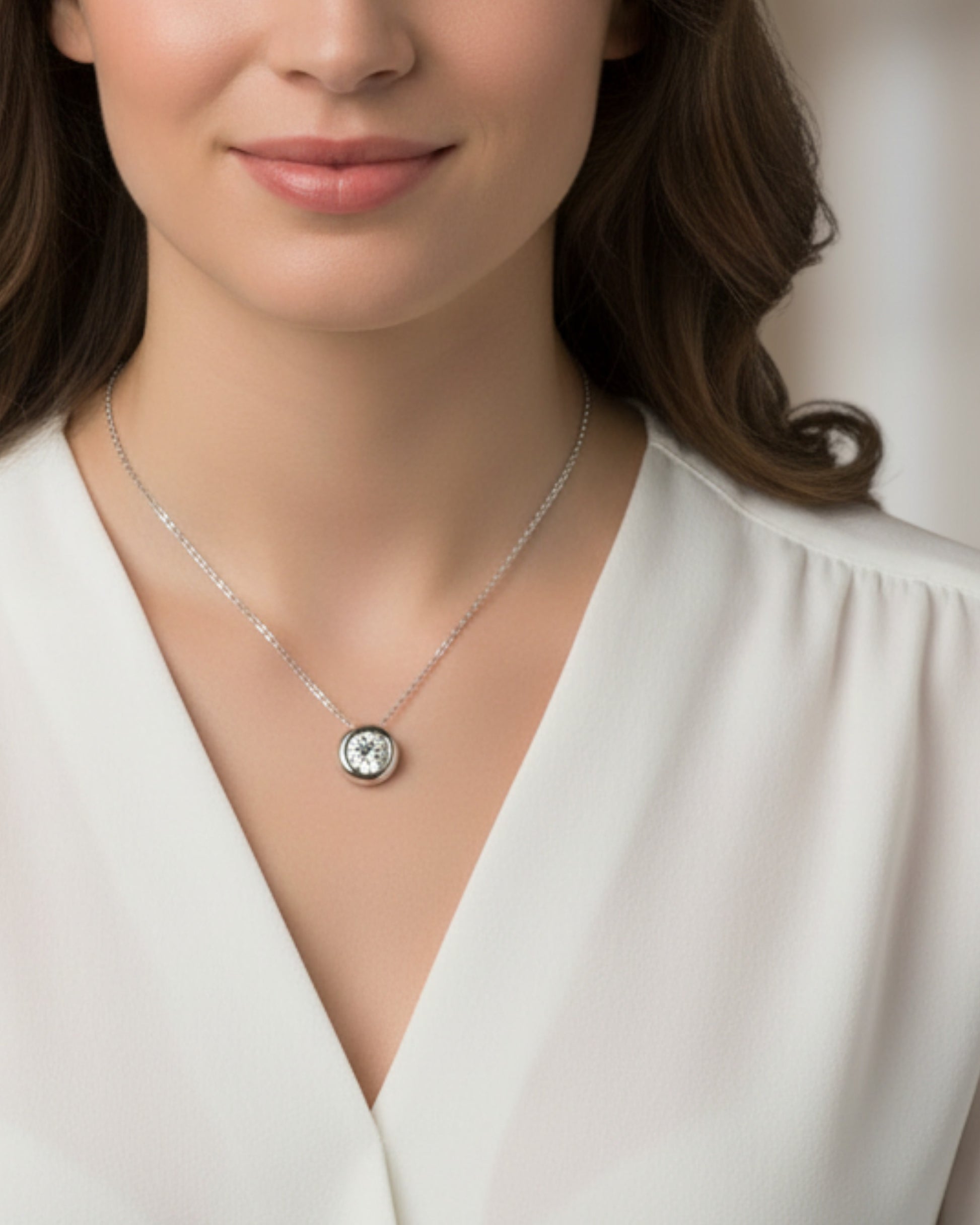 Model draagt LUMIOR minimalistische 1 karaat moissanite hanger ketting van sterling zilver met platina afwerking.