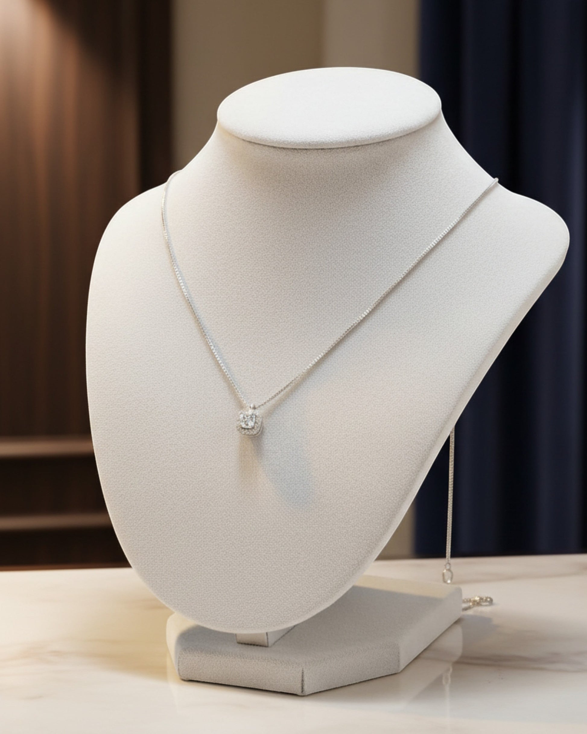 LUMIOR minimalist 0.5 karaat moissanite hanger ketting van 925 sterling zilver op een witte sieradenhouder.