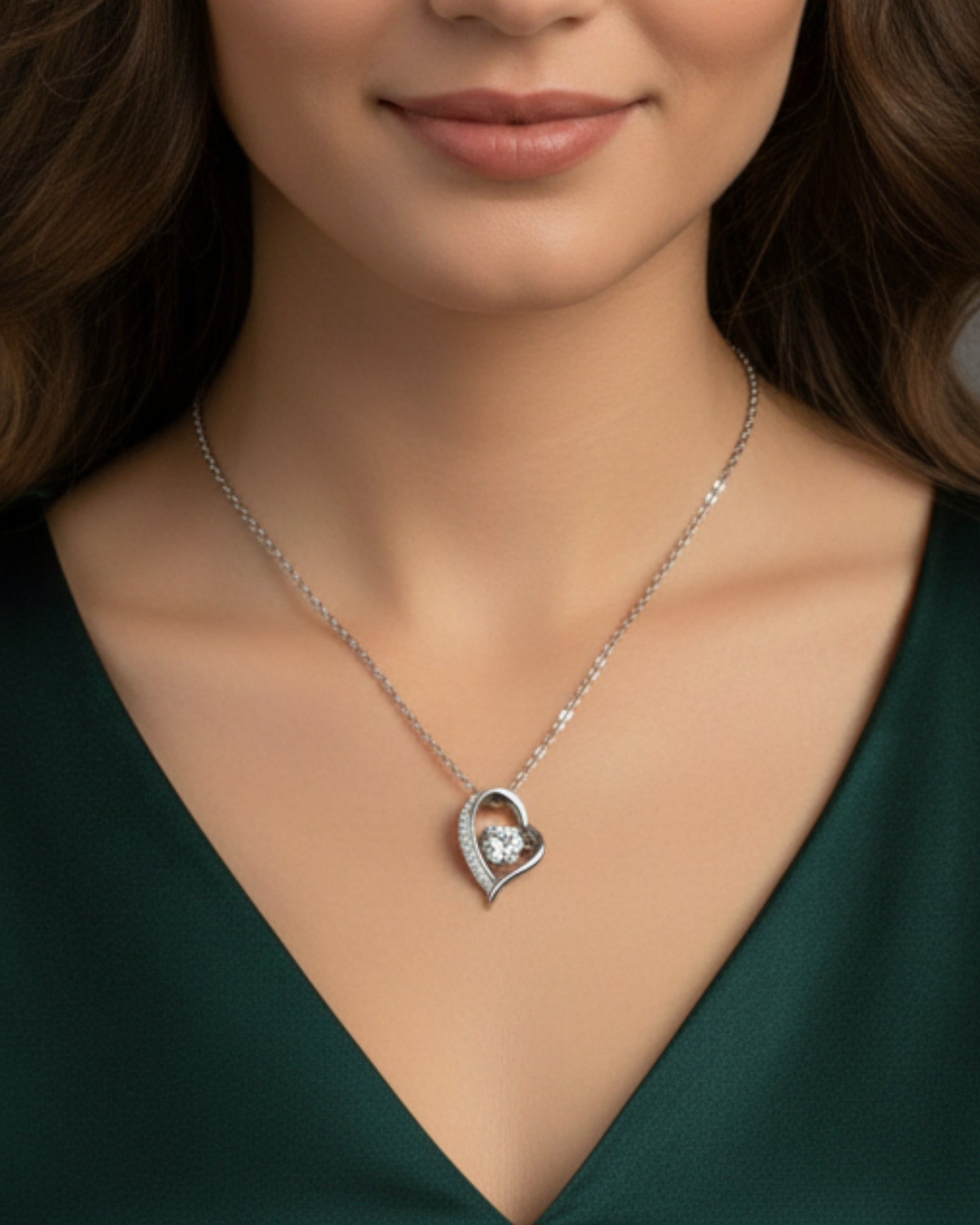 Model draagt LUMIOR minimalistische 0.5 karaat moissanite hanger ketting van sterling zilver met platina afwerking.