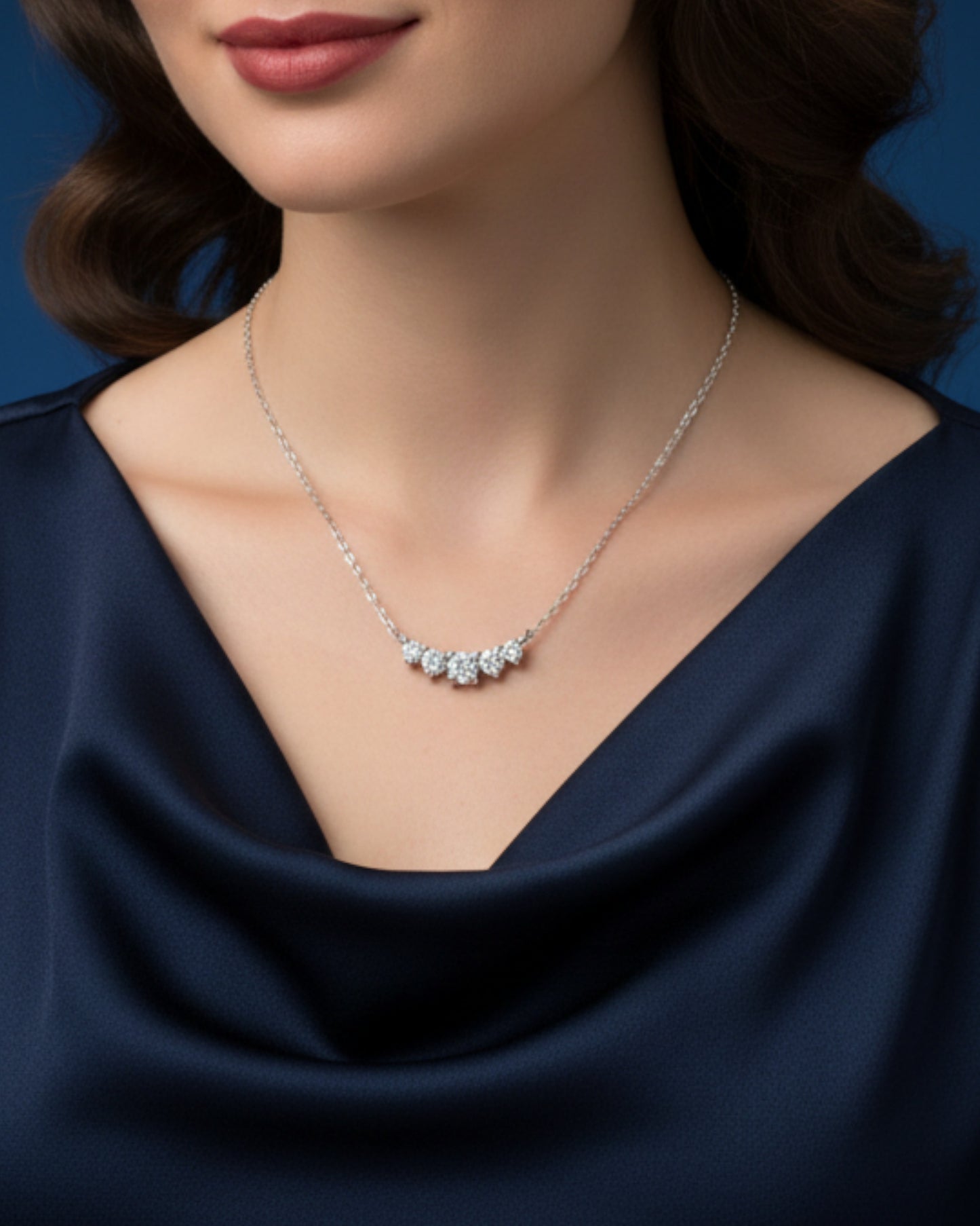 Model draagt LUMIOR minimalistische 0.58 ctw moissanite ketting van sterling zilver met platina afwerking.