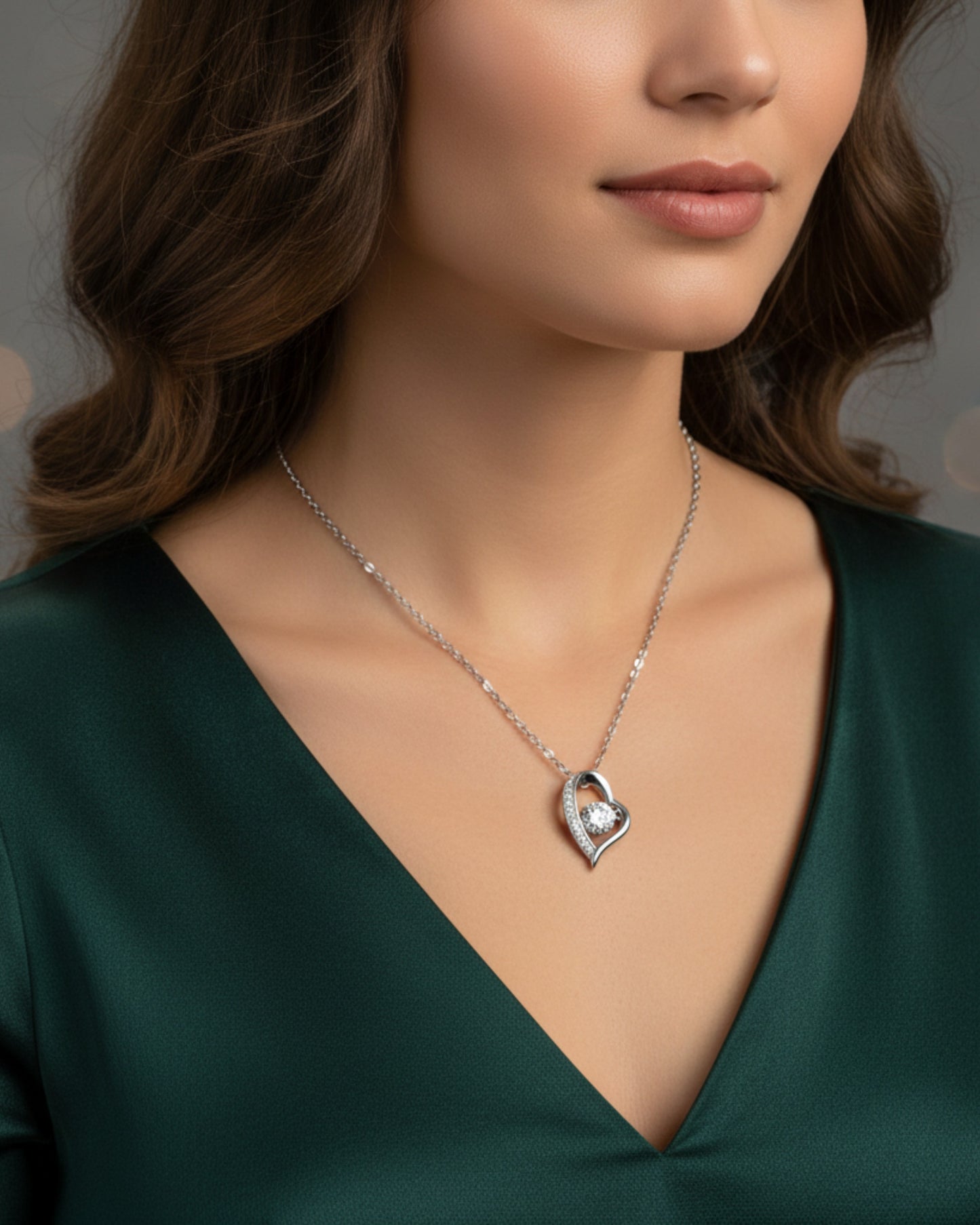 LUMIOR minimalist 0.5 karaat moissanite hartvormige hanger van sterling zilver gedragen door een model.