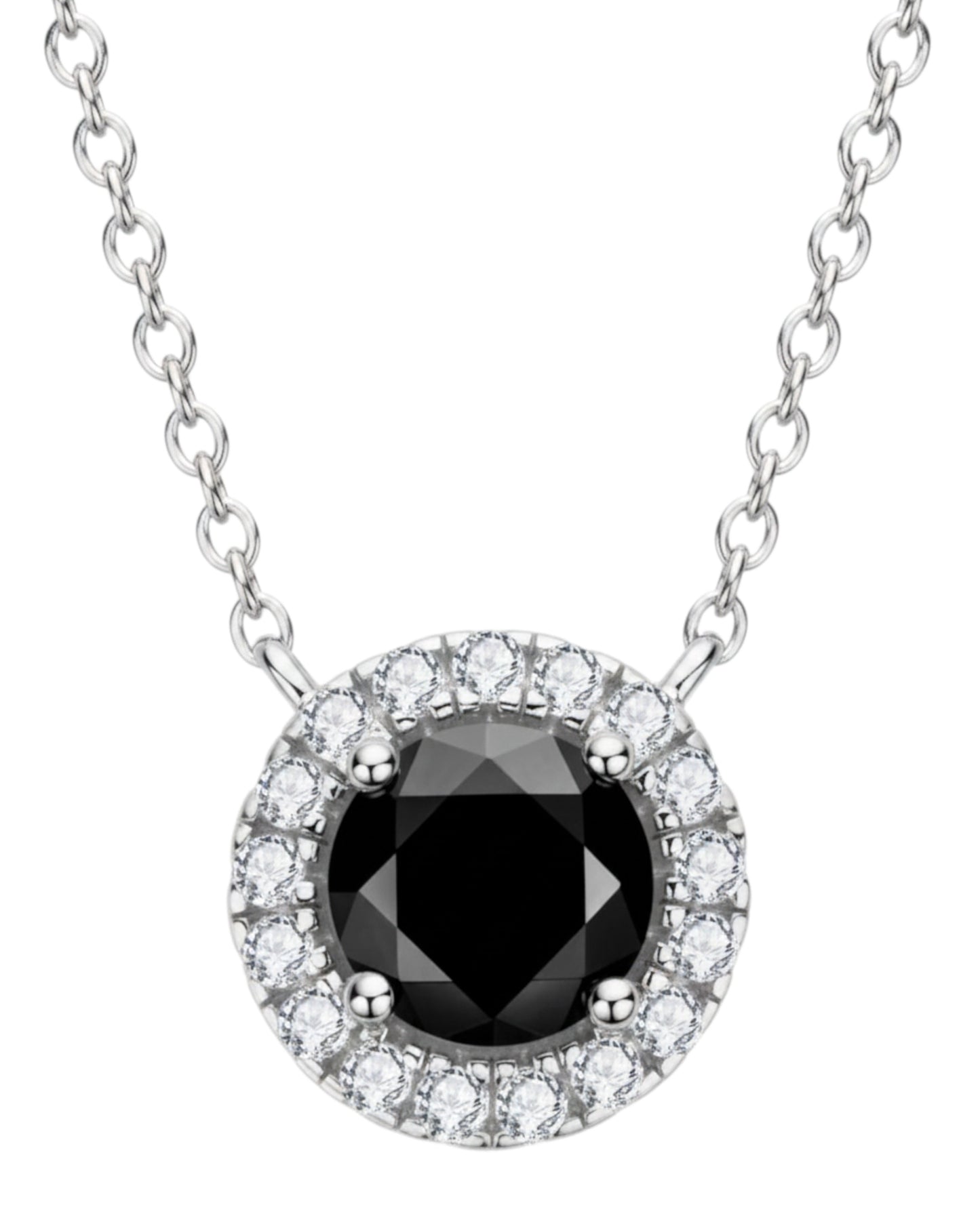 LUMIOR 1 karaat moissanite ketting met zwarte ronde steen, zilveren zetting en zirkonia accenten.
