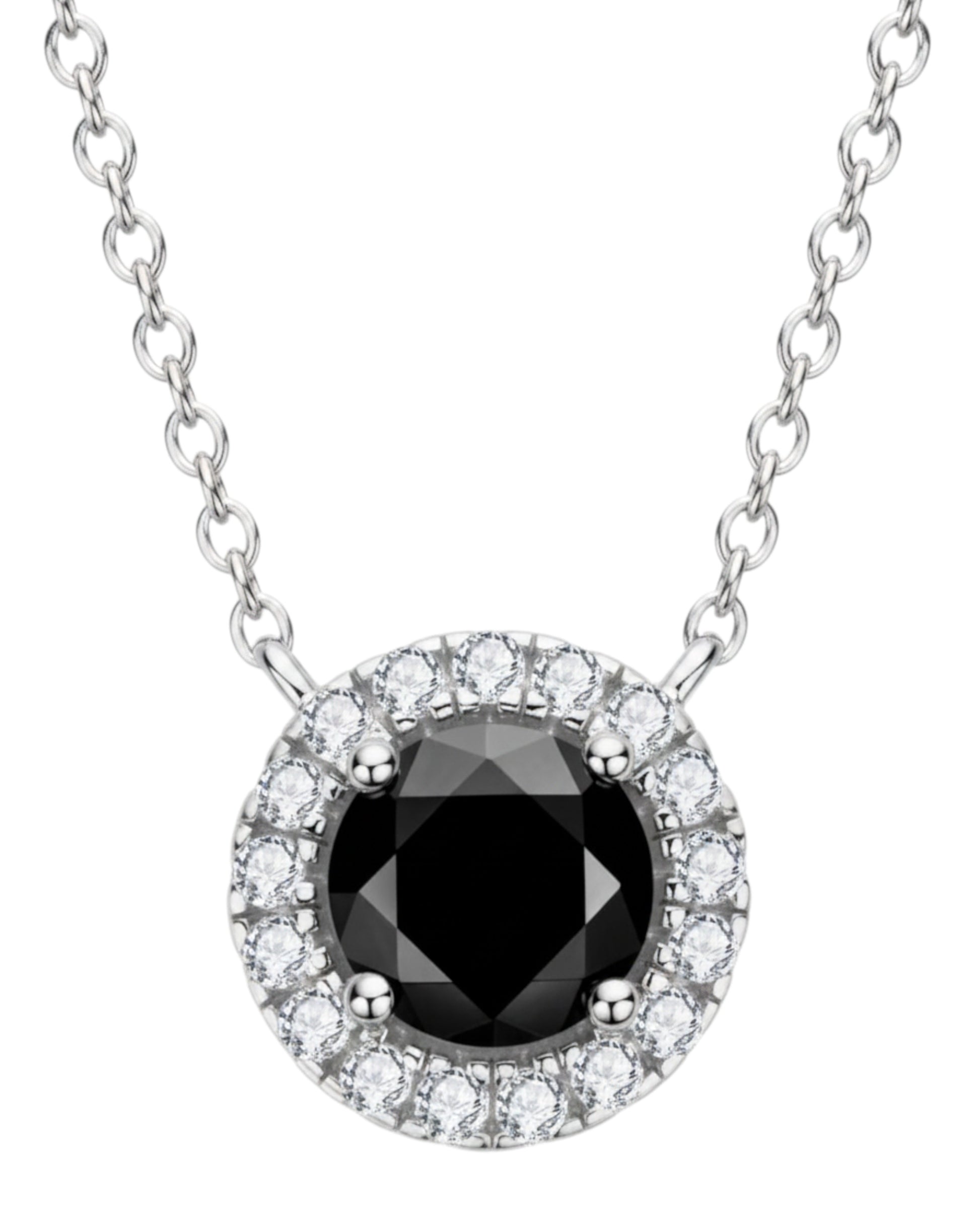 LUMIOR 1 karaat moissanite ketting met zwarte ronde steen, zilveren zetting en zirkonia accenten.
