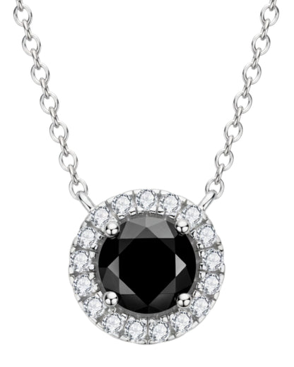 LUMIOR 1 karaat moissanite ketting met zwarte ronde steen, zilveren zetting en zirkonia accenten.
