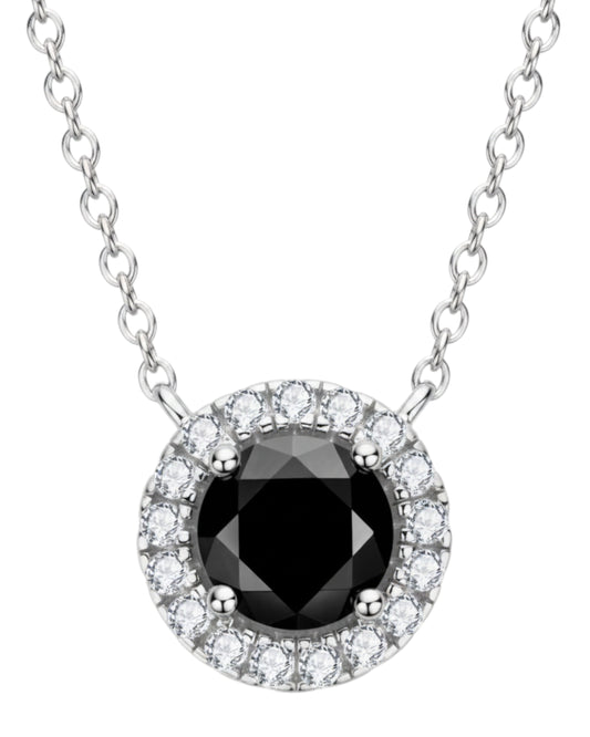 LUMIOR 1 karaat moissanite ketting met zwarte ronde steen, zilveren zetting en zirkonia accenten.