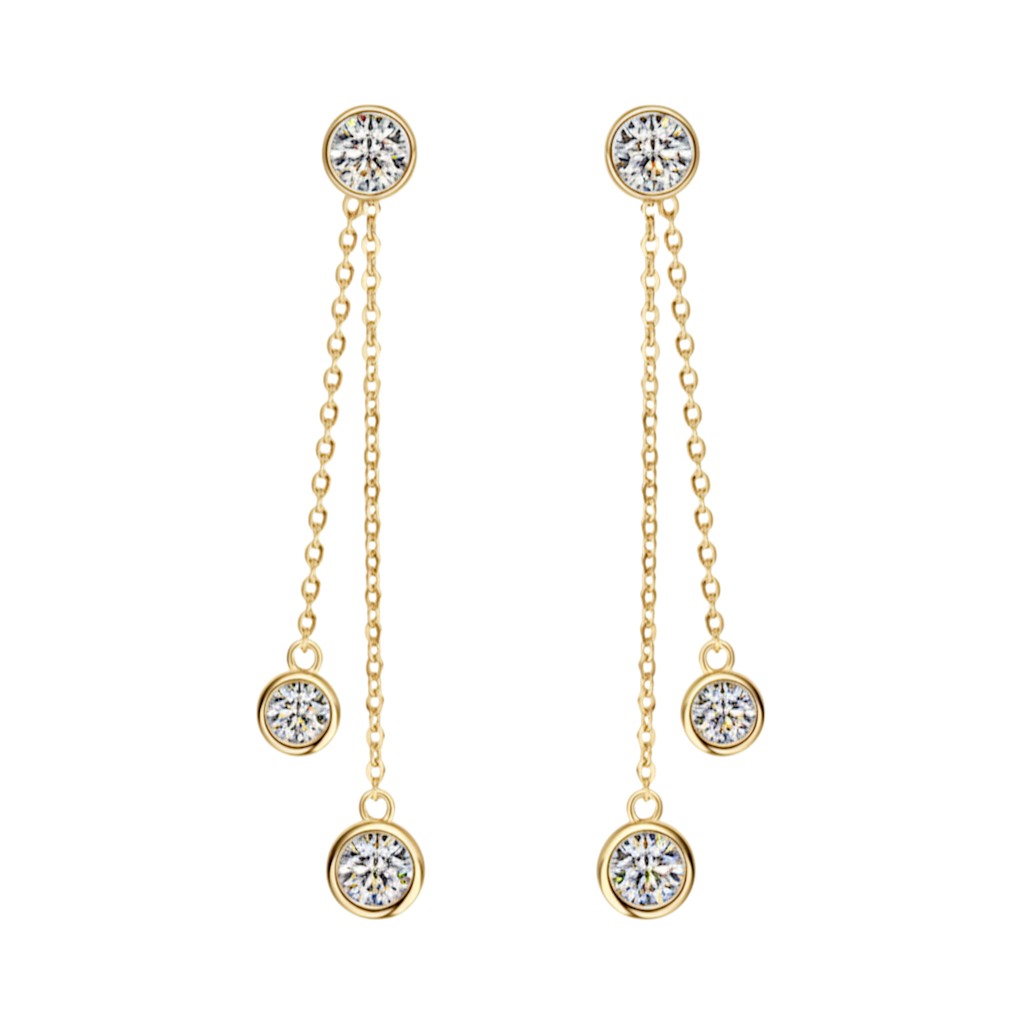 LUMIOR Imperial Gala 2.6 ctw moissanite oorbellen in 925 sterling zilver met lange kettingen en drie stenen per oor.