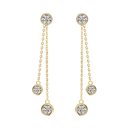 LUMIOR Imperial Gala 2.6 ctw moissanite oorbellen in 925 sterling zilver met lange kettingen en drie stenen per oor.