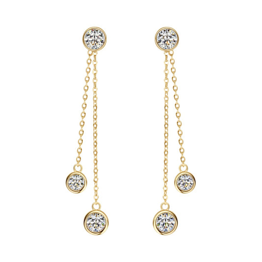 LUMIOR Imperial Gala 2.6 ctw moissanite oorbellen in 925 sterling zilver met lange kettingen en drie stenen per oor.